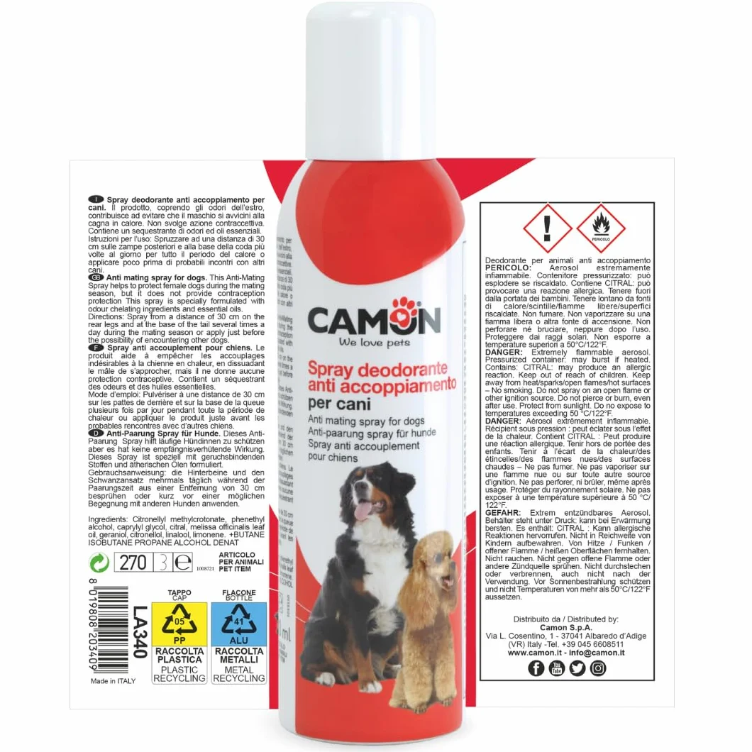 CAMON | Spray Deodorante Anti Accoppiamento dei Cani, Formato da 200ml, Riduce Attrazione Maschile, Ideale per i Periodi di Calore, con Oli Essenziali (L'imballaggio può variare)