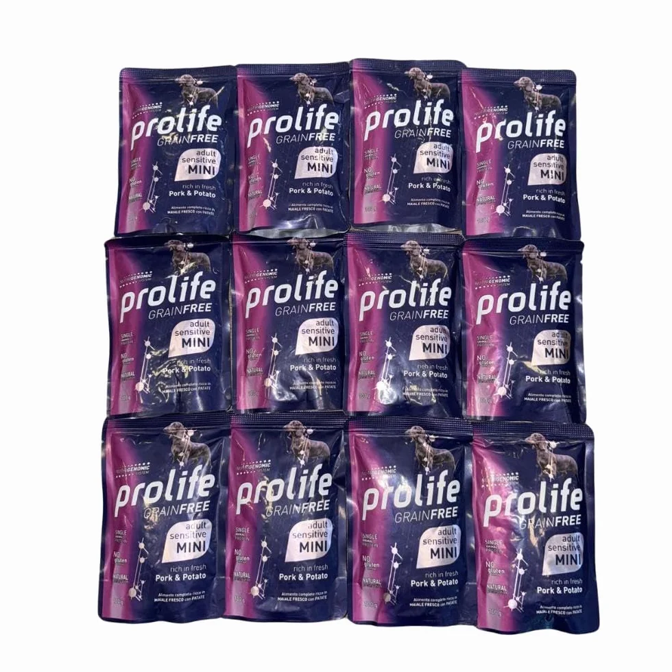 Prolife umido per cani monoproteico sensitive grainfree adult mini MAIALE e PATATE 100g | 12 bustine da 100g l'una.