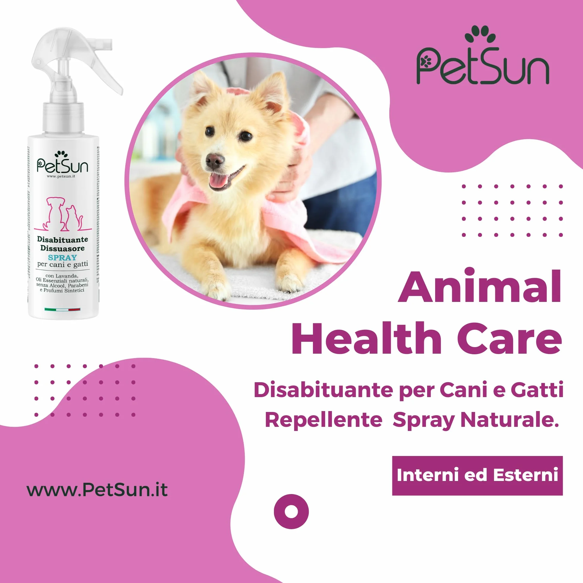 PetSun Disabituante per Cani e Gatti - Repellente - Spray Naturale - Anti Urina e Odori per Interni ed Esterni - 250 ml
