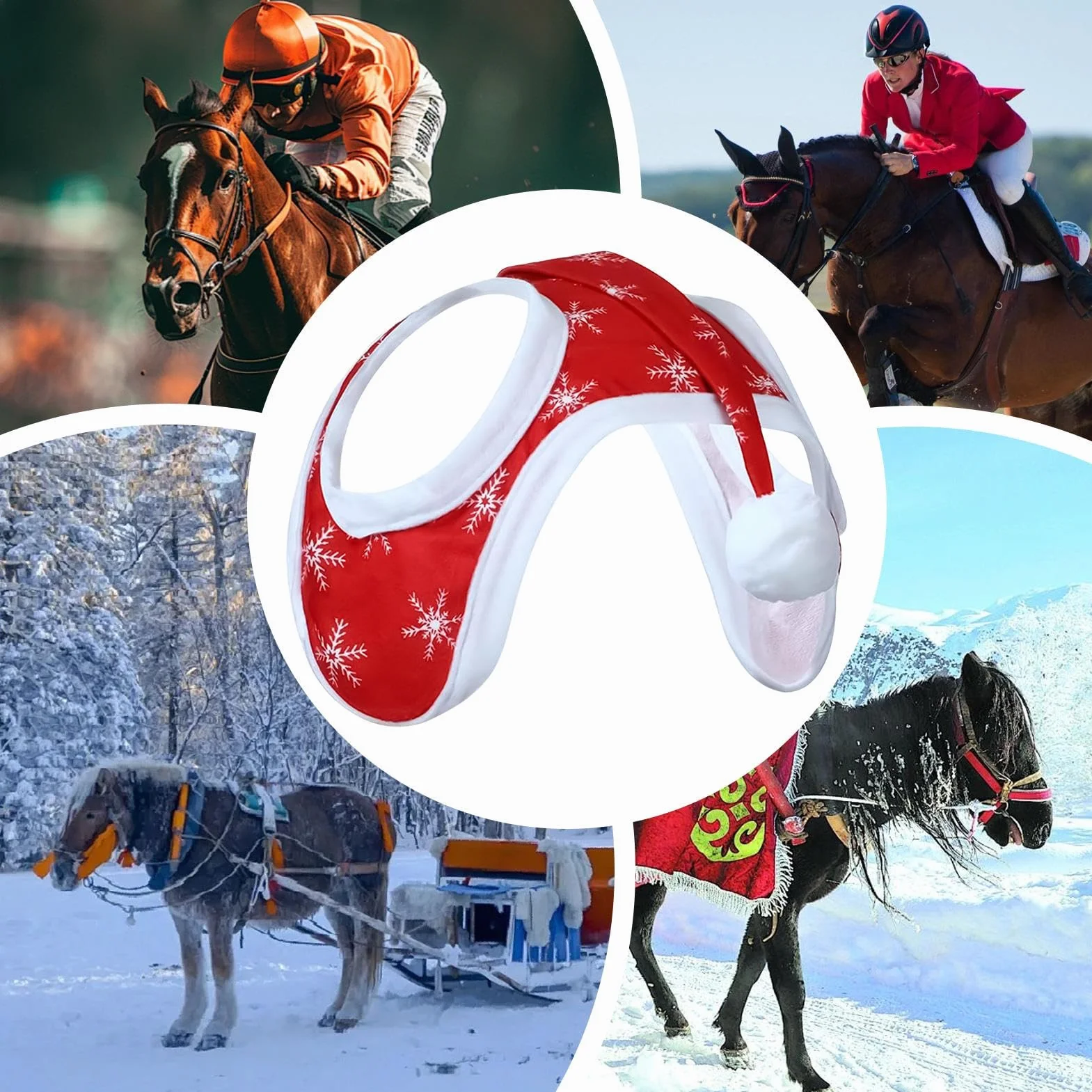 Cappello di Natale per cavallo Babbo Natale copertura testa fiocco neve costume equitazione invernale