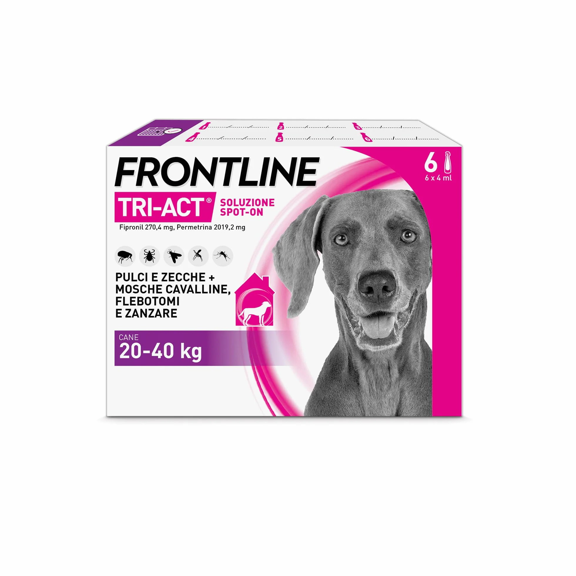 Frontline Triact 6 Pipette Cane L (20-40Kg) Antiparassitario Lunga Durata Protegge da Pulci Zecche Zanzare Pappataci Leishmaniosi