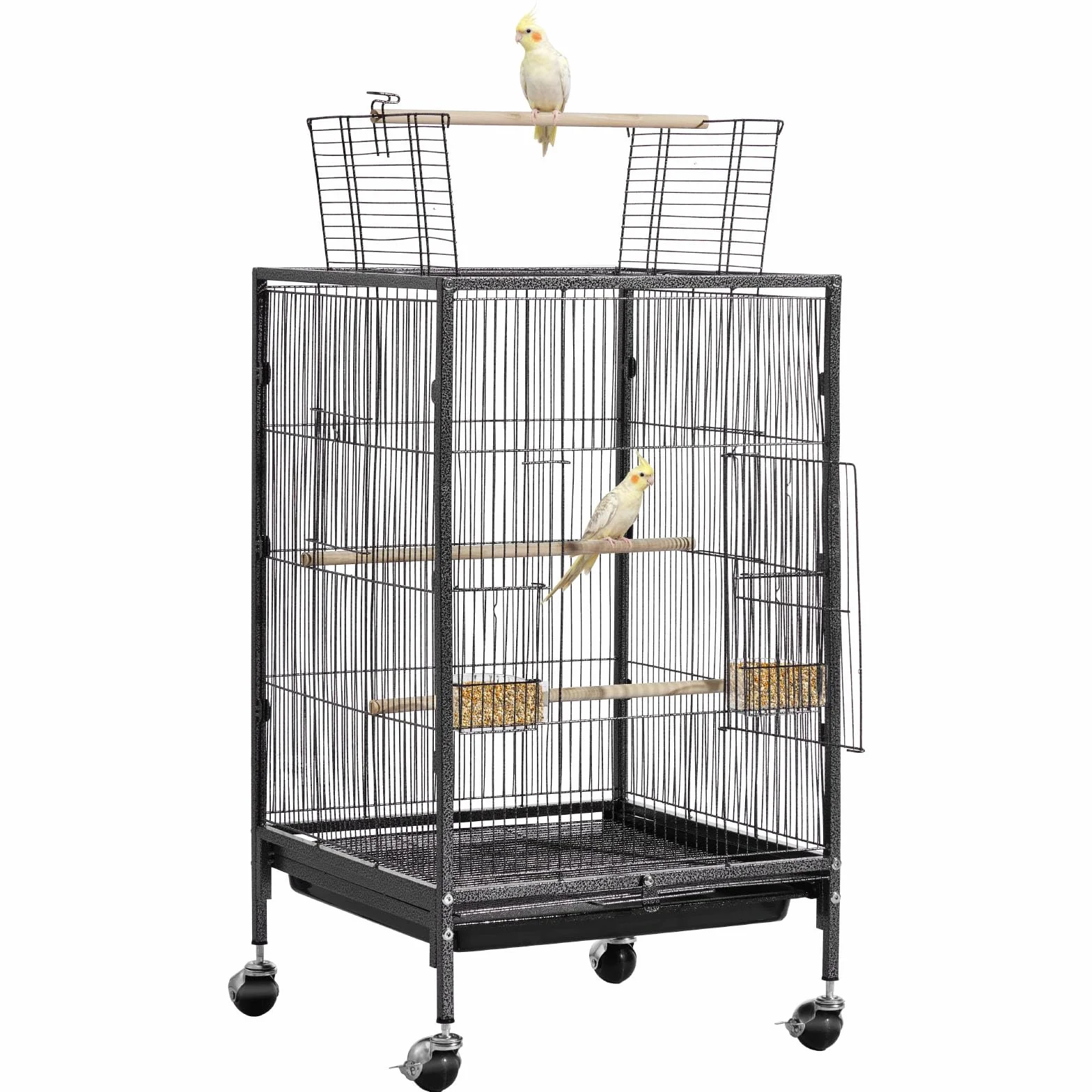 VEVOR Gabbia Voliera per Uccelli da 460 x 460 x 770 mm, Parte Superiore Piatta Aperta, in Ferro Battuto con Trespoli, Vassoio Estraibile e Mangiatoie in Plastica, Ruote, per Pappagallo, Cinciarella