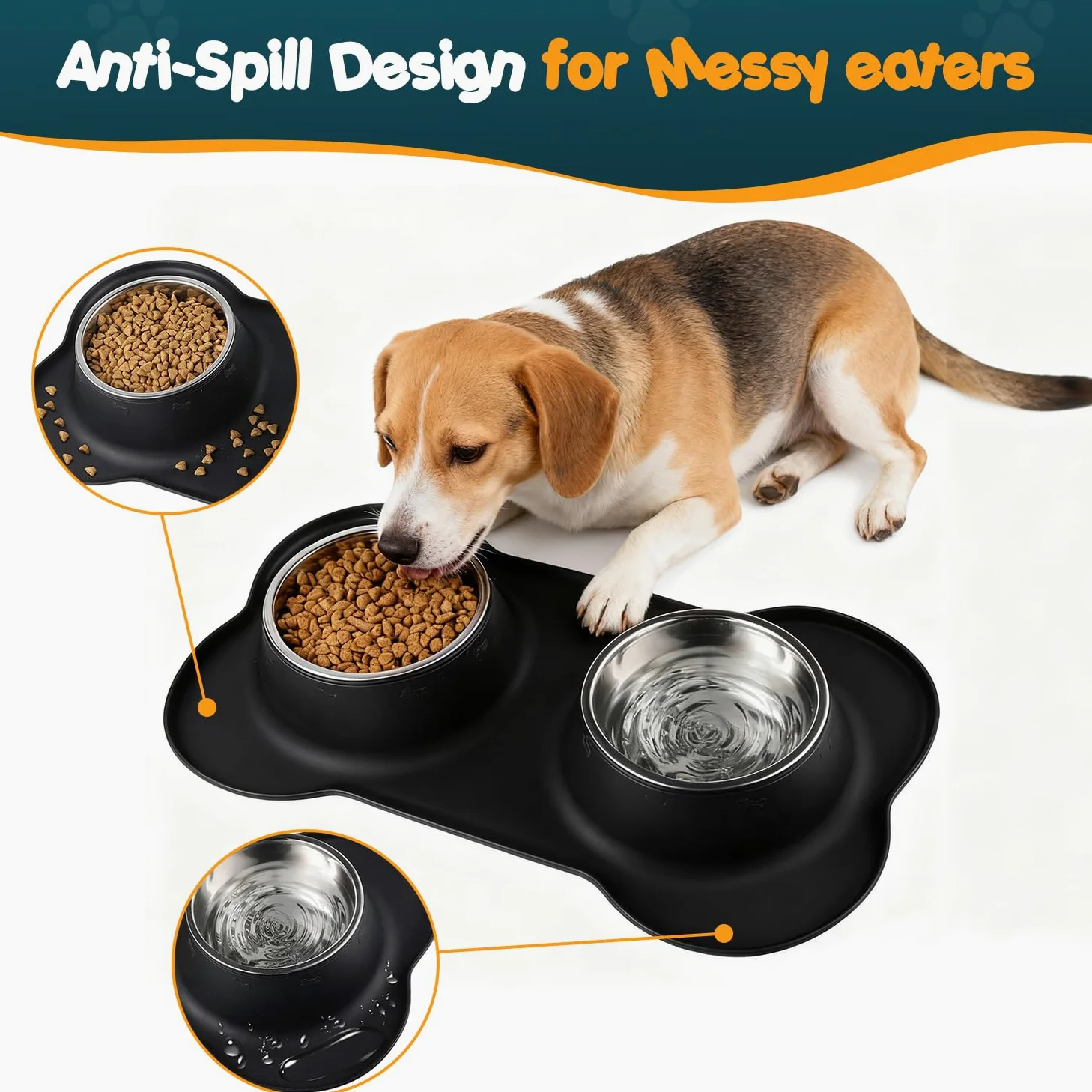 2 x 400 ml, ciotola per cani e gatti, in acciaio inossidabile, base antiscivolo, antitrabocco, anti-versamento, tappetino in silicone