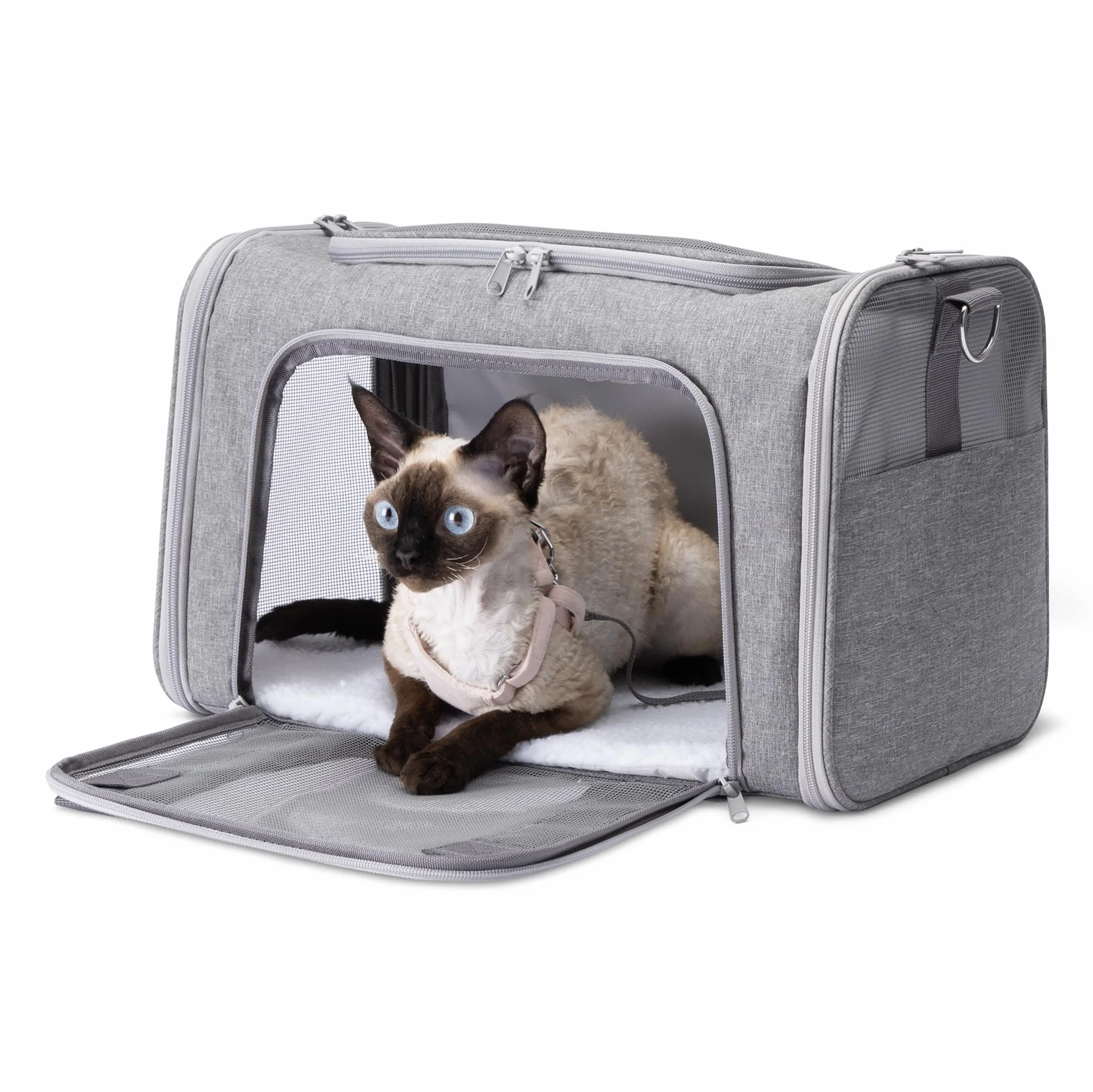 Amazon Basics -Trasportino Morbido Stile Borsa per Gatti e Cani, Tracolla Regolabile, Approvato per il Trasporto in Aereo, Pieghevole con Pannelli in Rete per la Ventilazione,43,2x 27,9x 27,9cm,Grigio