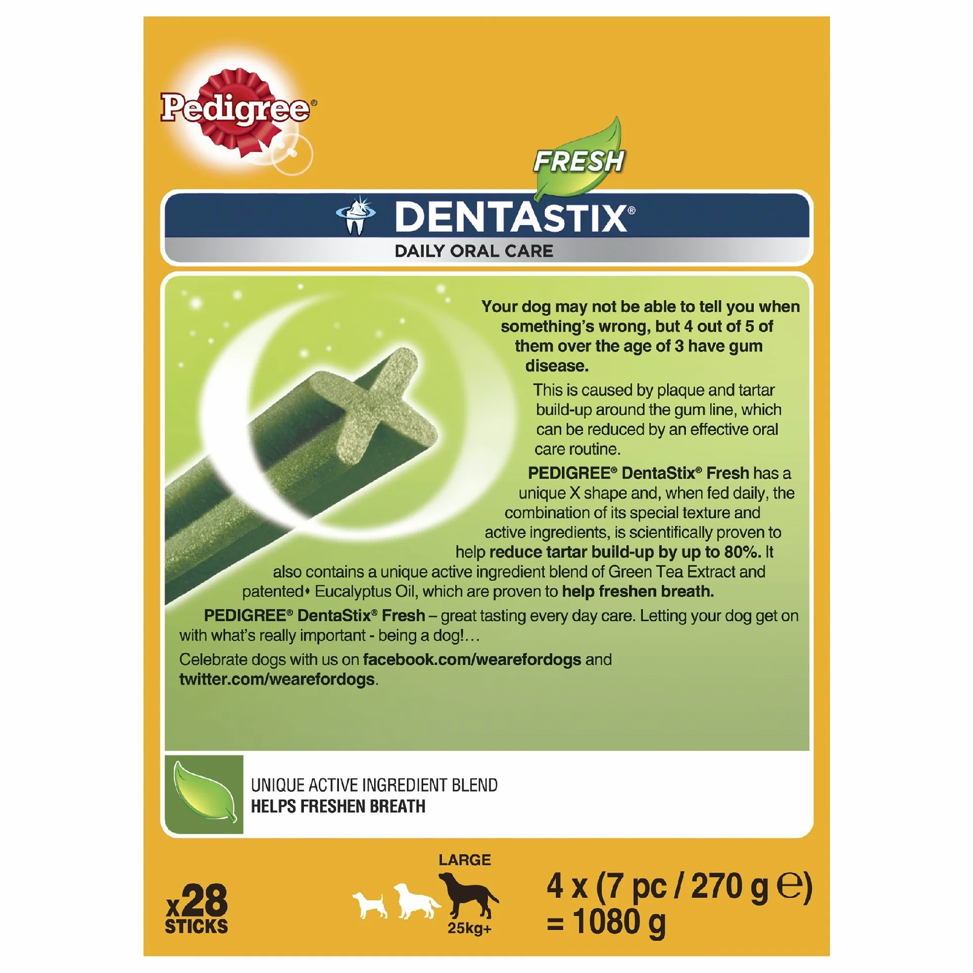 Pedigree Dentastix Fresh, masticabili dentali giornalieri per cani grandi da 25 kg o più, 28 barre