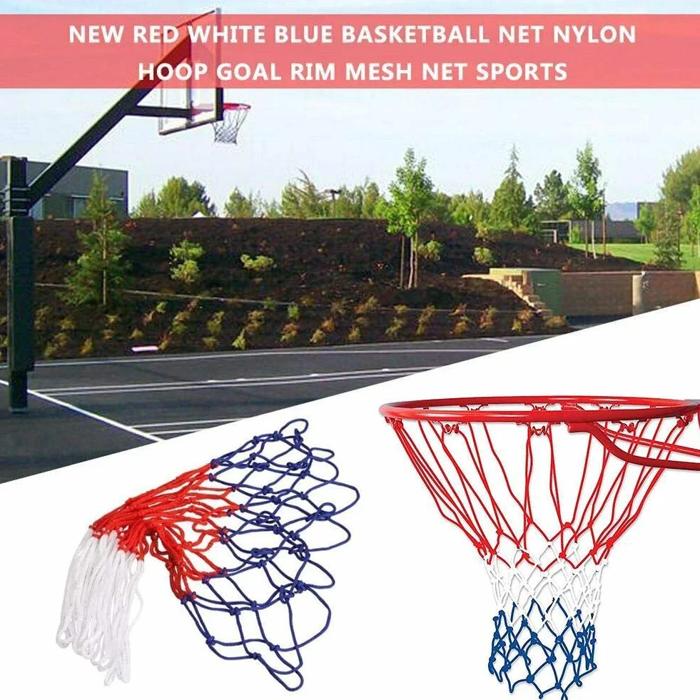 Rete di ricambio per canestro da basket in nylon intrecciato rosso/bianco/blu tricolore, 12 passanti