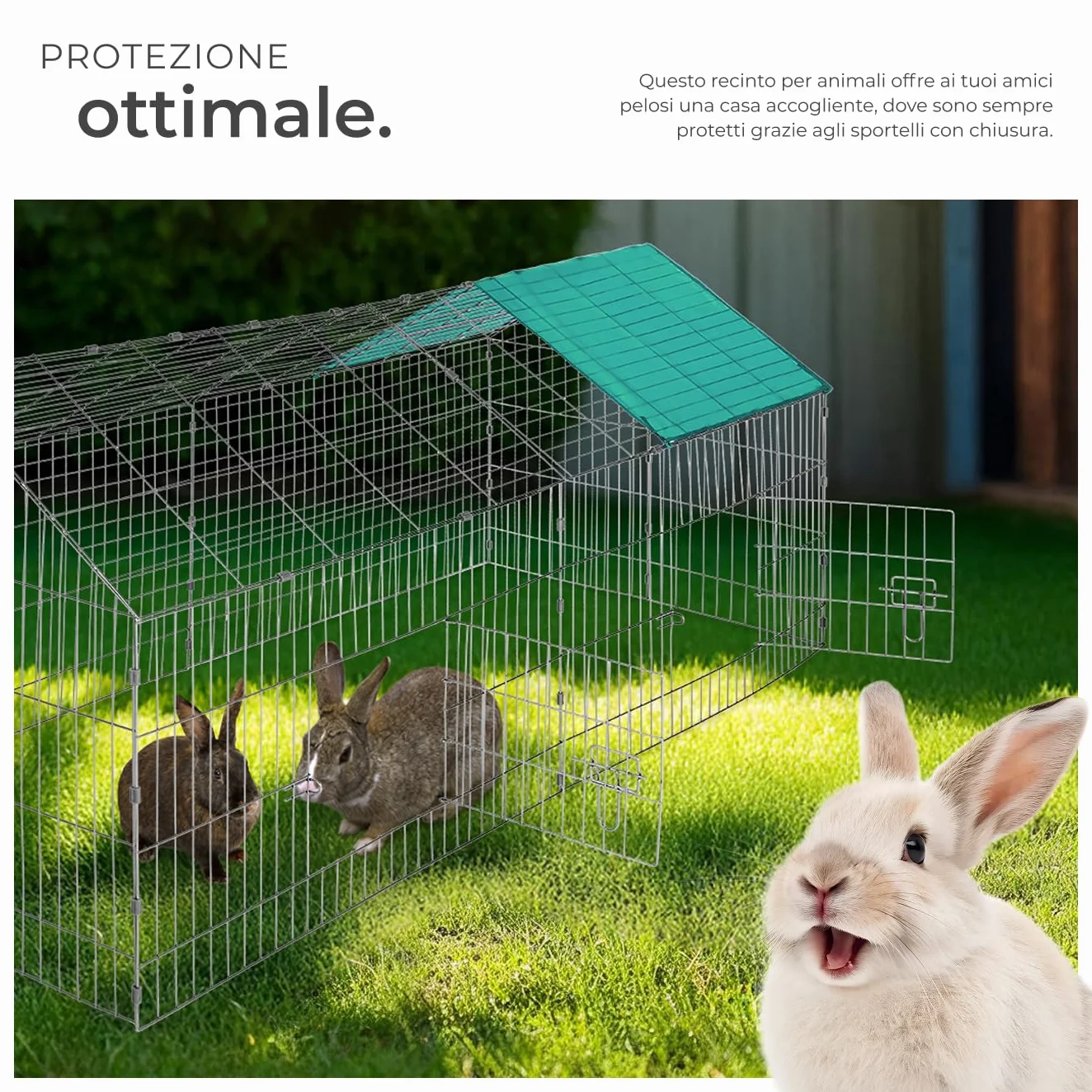 tectake® Gabbia da esterno per conigli, recinto con protezione parasole, griglia metallica resistente, conigliera, gabbia per piccoli animali, porcellini d'india, stabile, 180 x 75 x 75 cm - Verde