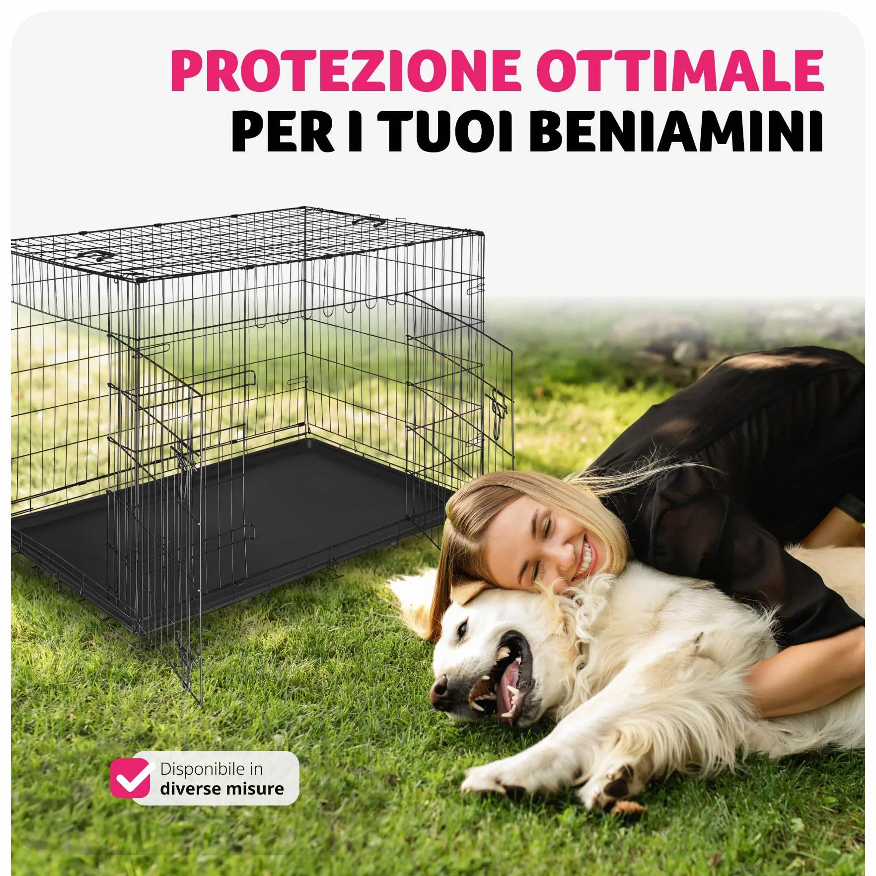tectake® Trasportino Auto per Cani Spazioso, 78x48x52,5cm, Gabbia per cani con Griglia in Acciaio Robusta, per Gatti, Pieghevole, 2 Porte, Doppia Chiusura, Vasca Rimovibile, 2 Maniglie per Trasporto