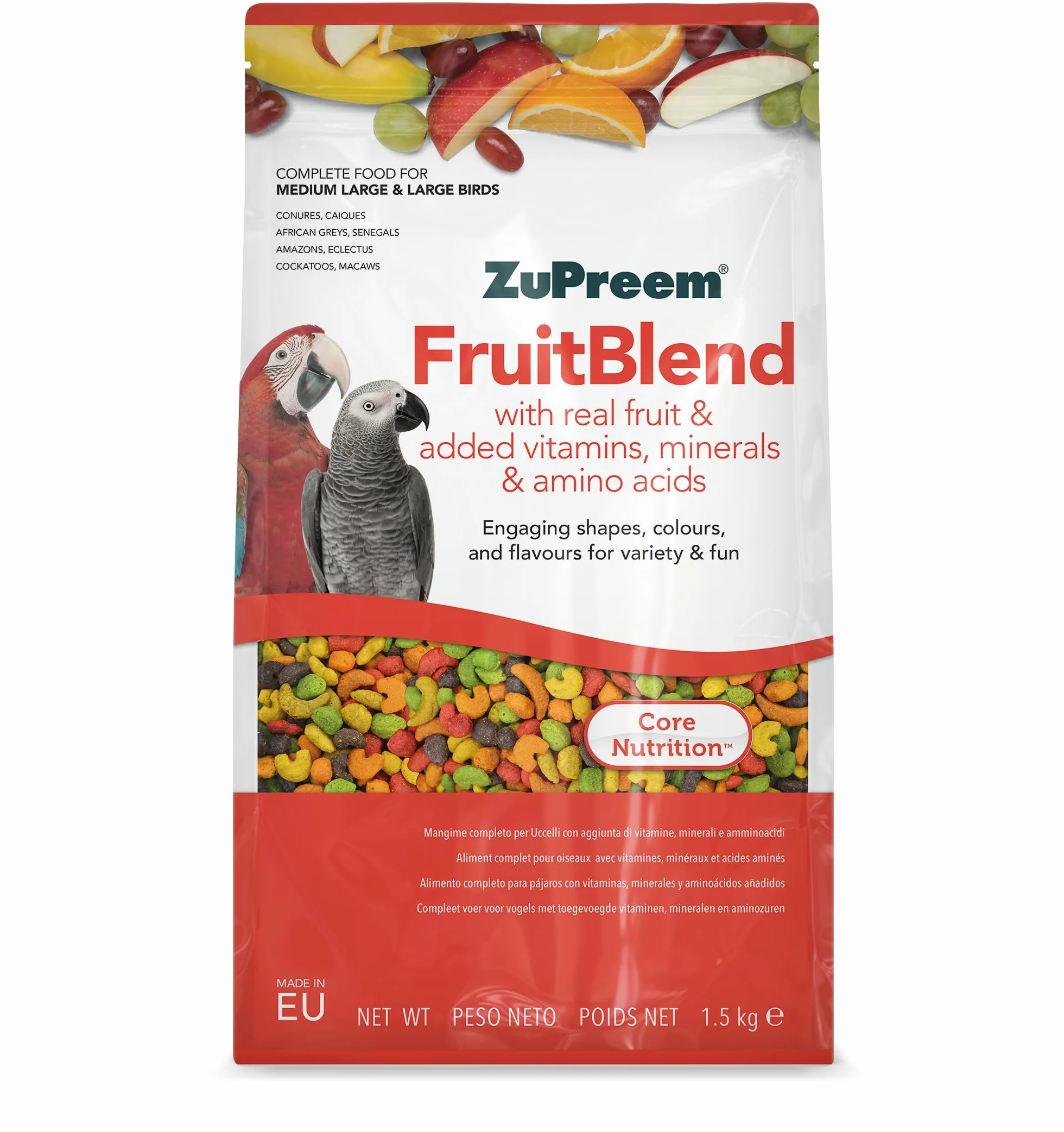 Zupreem Multifrutta Cibo per Uccelli da Azienda - Frutta e Vitamine - Mangime per Uccelli Indicato per Pappagalli, Ara, Cacatua, Caiques e Altri Uccelli Medio-Grandi e Grandi - 1,5 kg