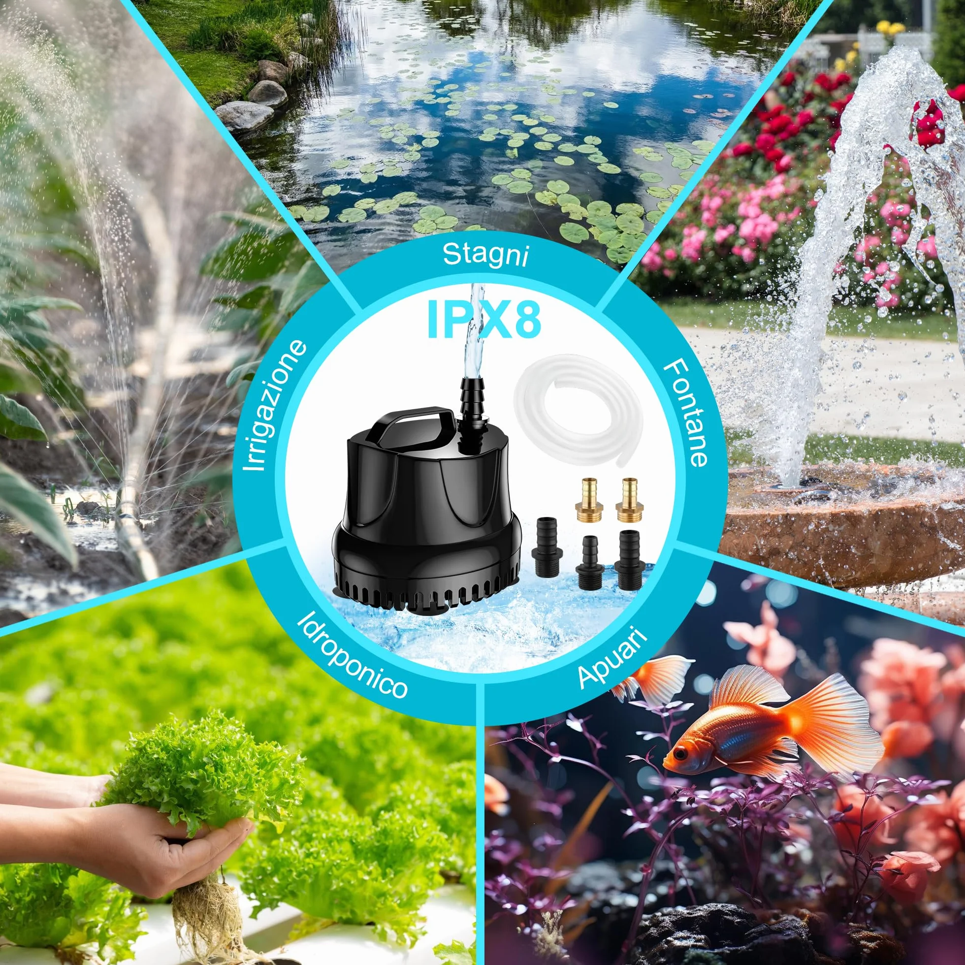 Pompa ad Acqua Sommergibile 25W 1500L/H AC220-240V con 5 Ugelli 1.5M Tubo