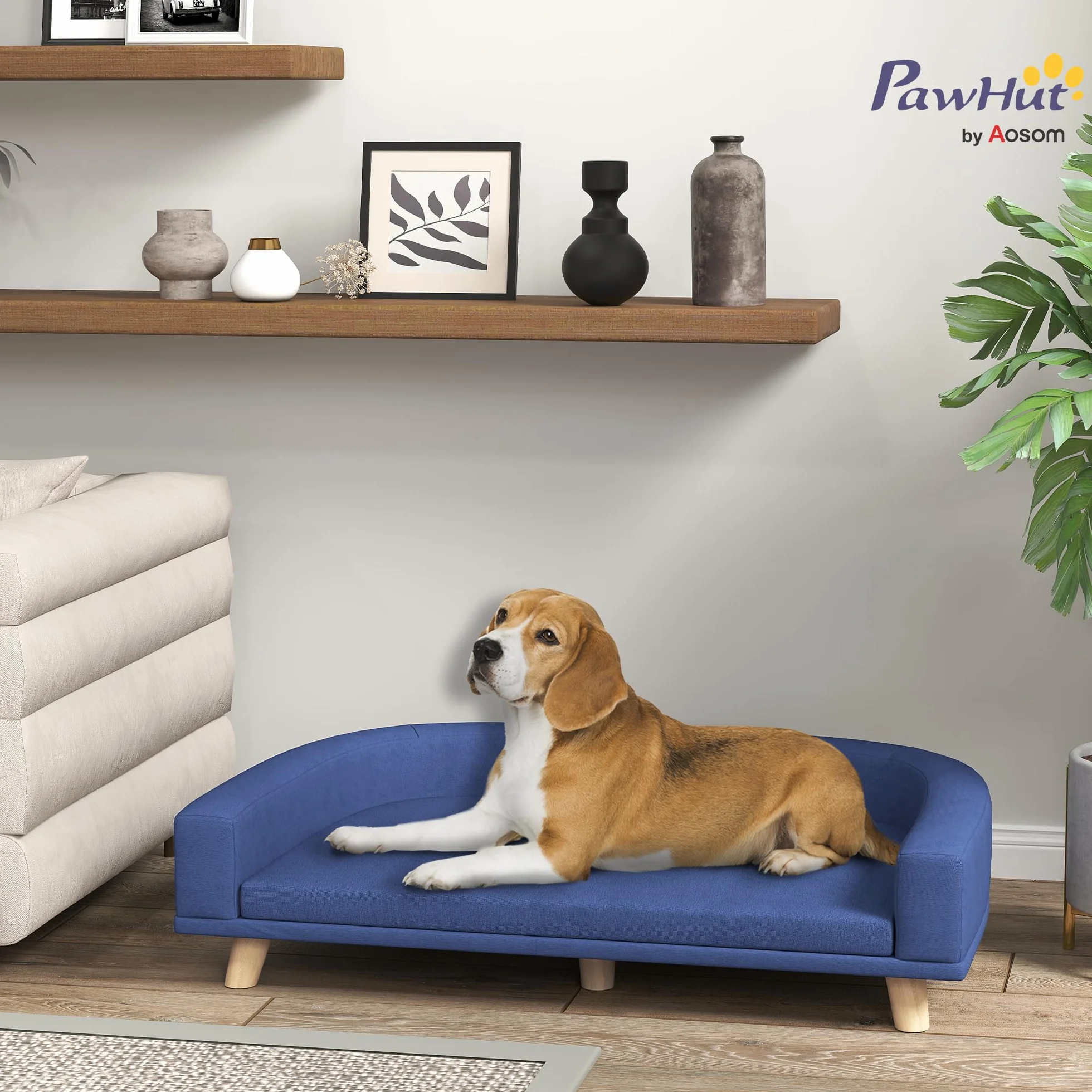 PawHut Divano per cani con gambe in legno, lavabile, con cuscino, per cani di taglia grande, 98 x 67 x 25 cm, blu