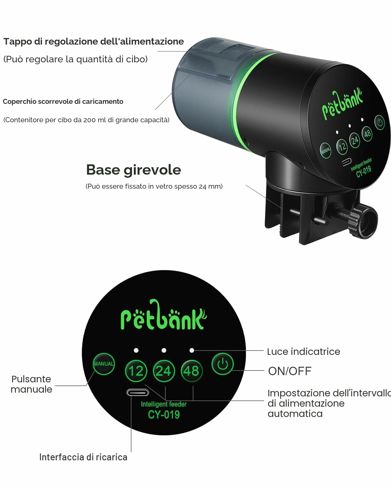 Mangiatoia Automatica Acquario Pesci 12/24/48 Ore con Cavo USB Charger, Nero