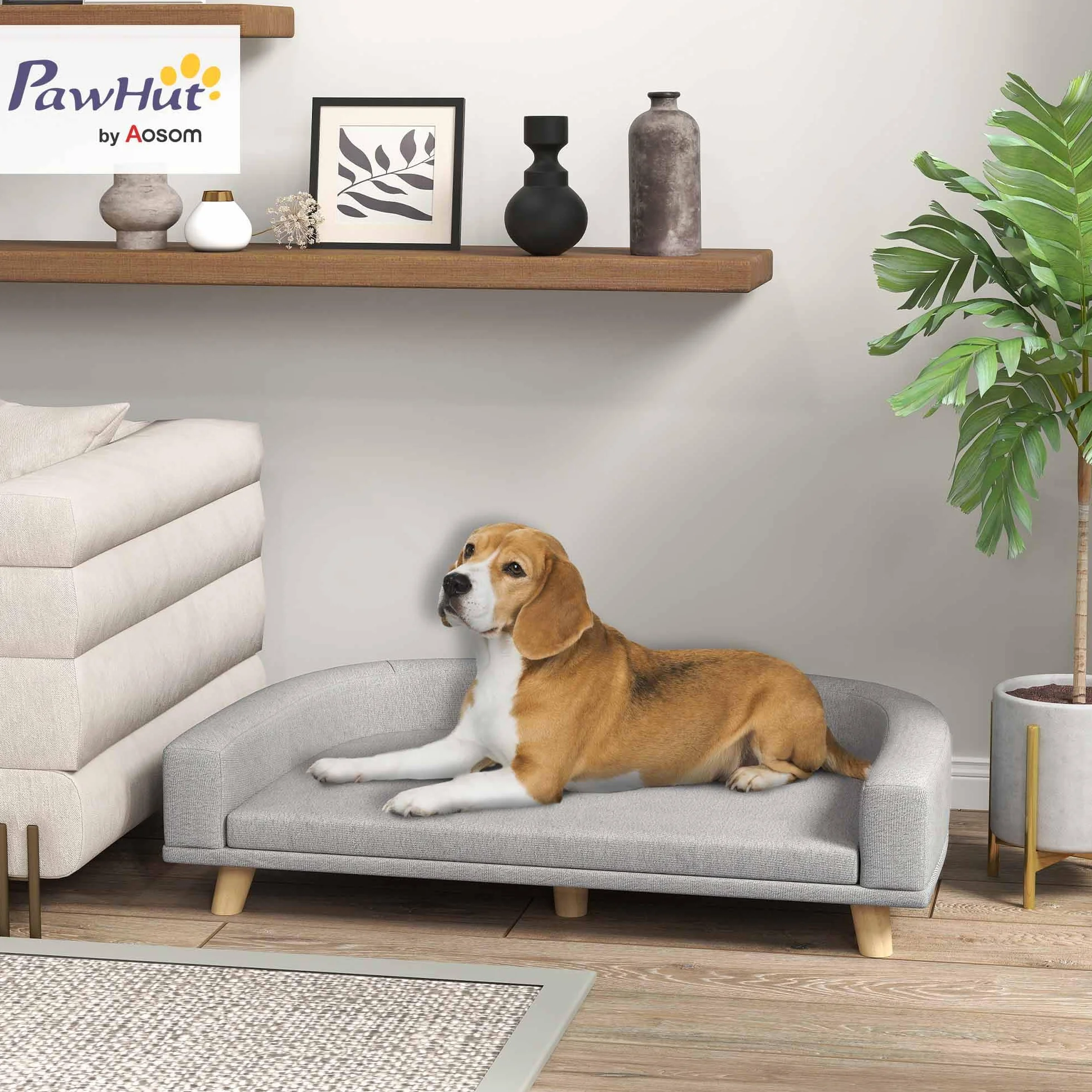 PawHut Divano per Cani di Taglia Grande con Gambe Rialzate e Cuscino Sfoderabile, Divanetto per Cani in Poliestere e Legno, 98x67x25 cm, Grigio
