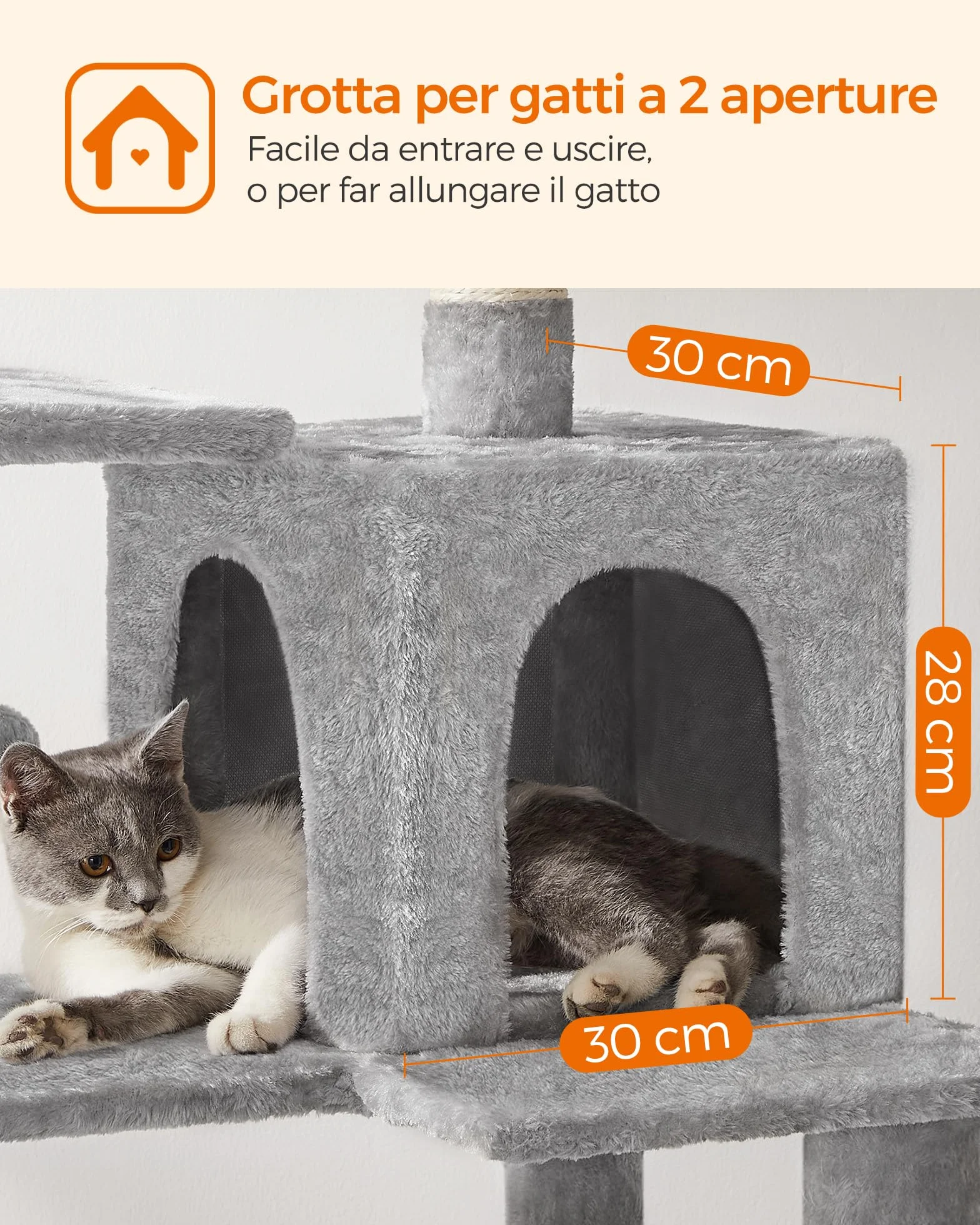 Feandrea Albero per Gatti Alto 143 cm, Tiragraffi per Gatti, con 4 Pali Graffiatoi, 2 Posatoi, 1 Grotta, 1 Amaca, 2 Pompon, in Peluche a Più Livelli, Grigio Chiaro PCT161W01