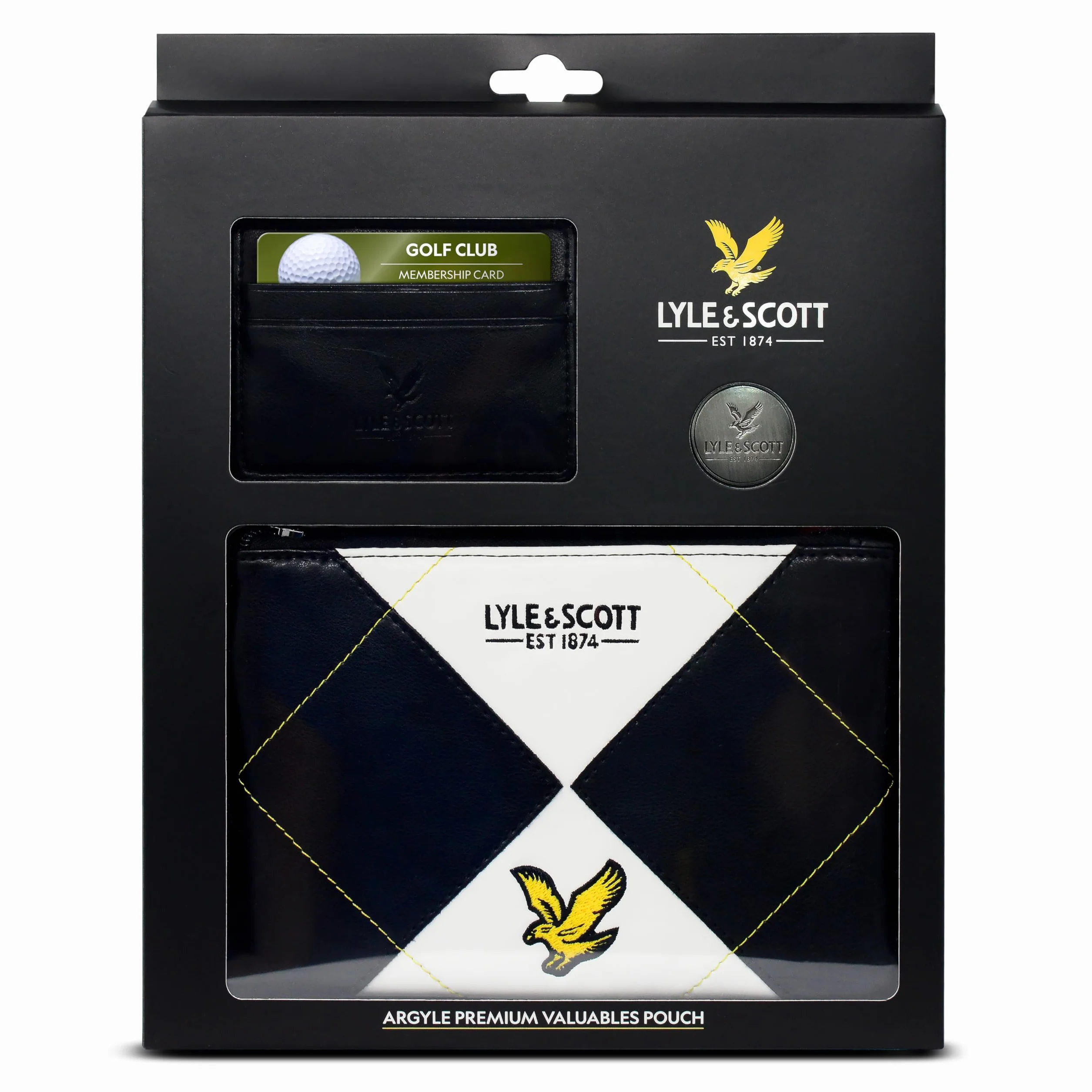 Lyle & Scott Argyle Premium Valuables Pouch - Pitch Perfect Golf Gifts for Men - Lussuosa pelle con cerniera con fodera in velluto, portafoglio per carte, marcatore per palline da 32 mm - Accessori da