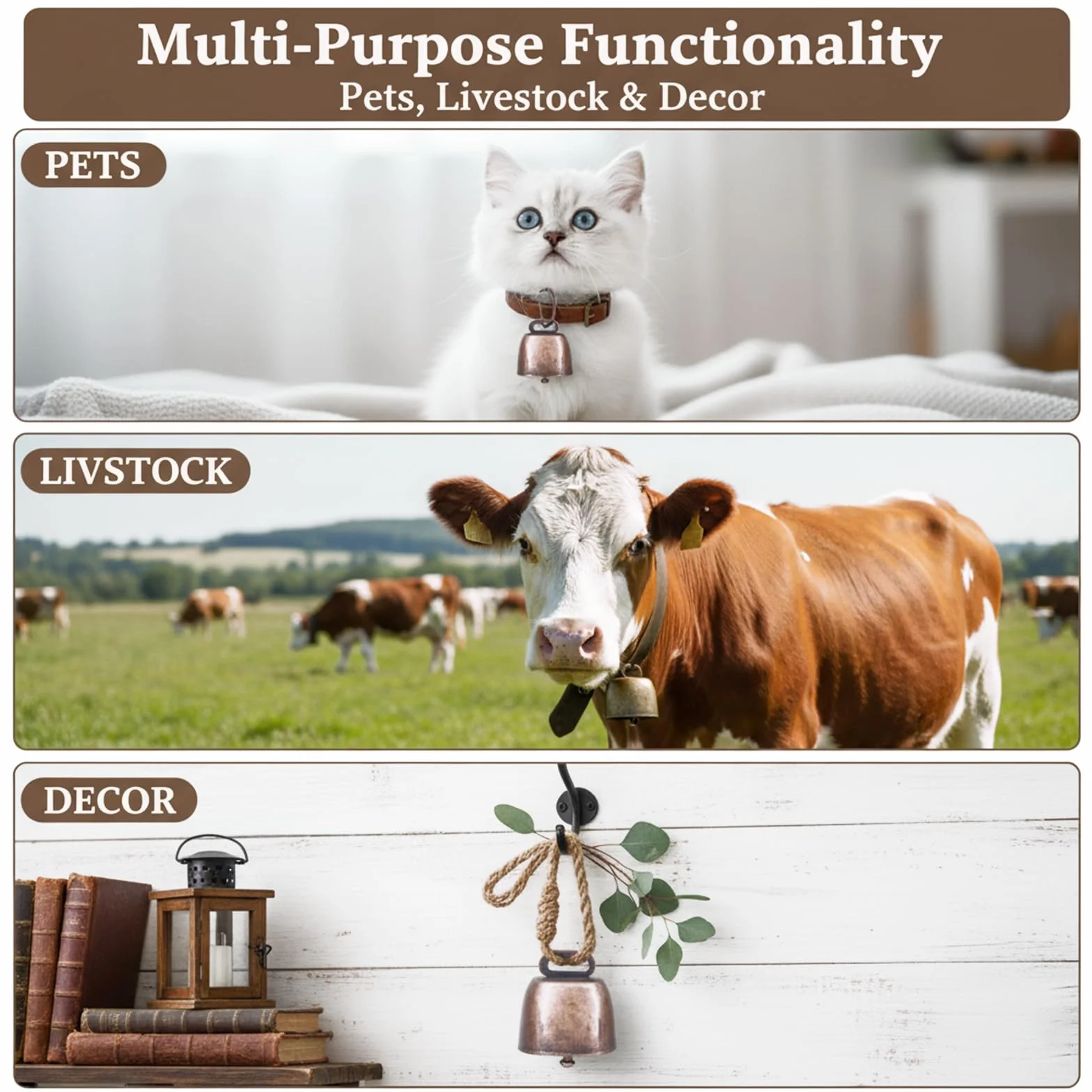 Campane in metallo antico rame per mucca cavallo pecora bovini animali domestici 4pcs