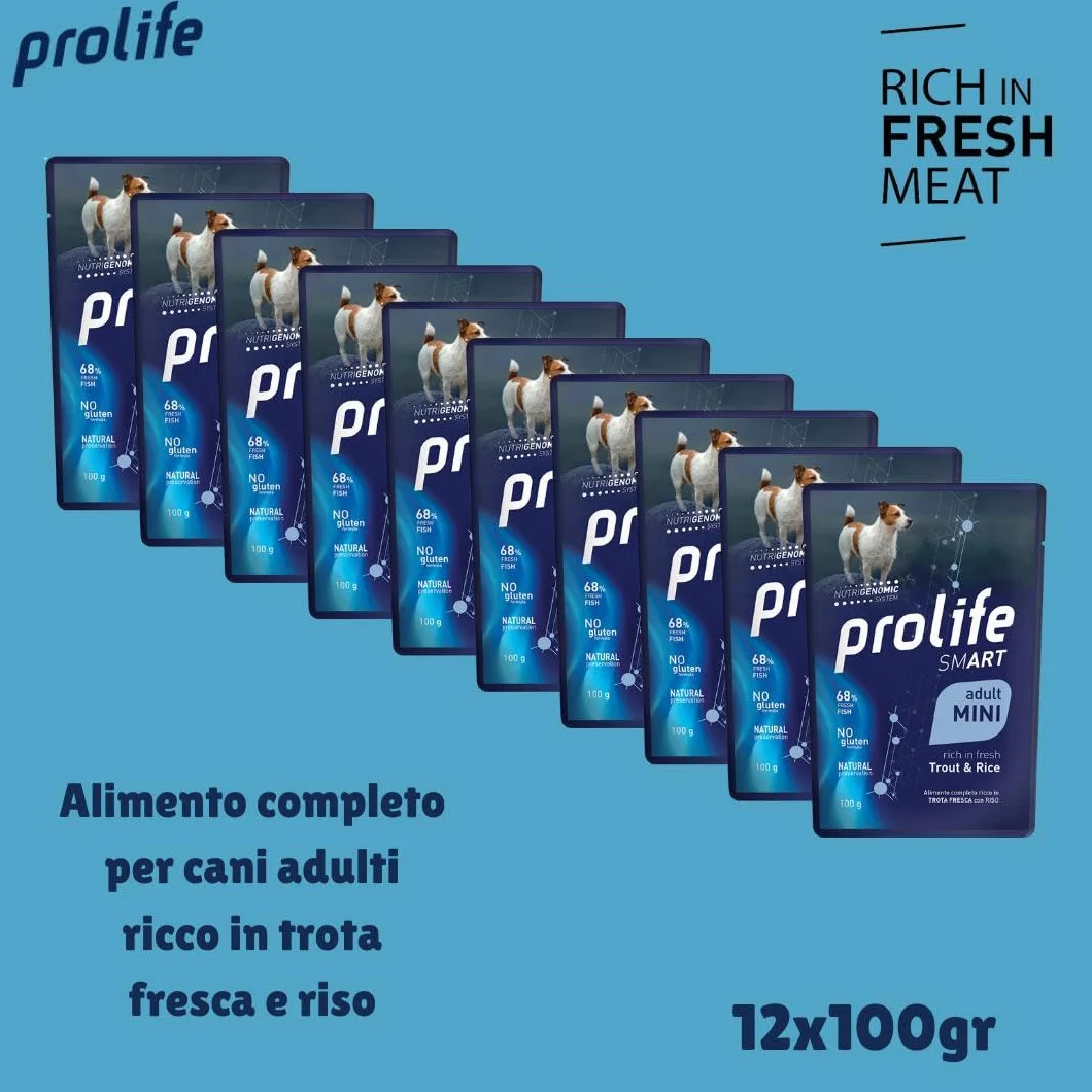 Prolife Umido Cane Adult Trota e Riso, alimento completo per cani adulti di tutte le taglie, Prolife Smart, gusto Trota e Riso | 12 bustine da 100 grammi l’una.