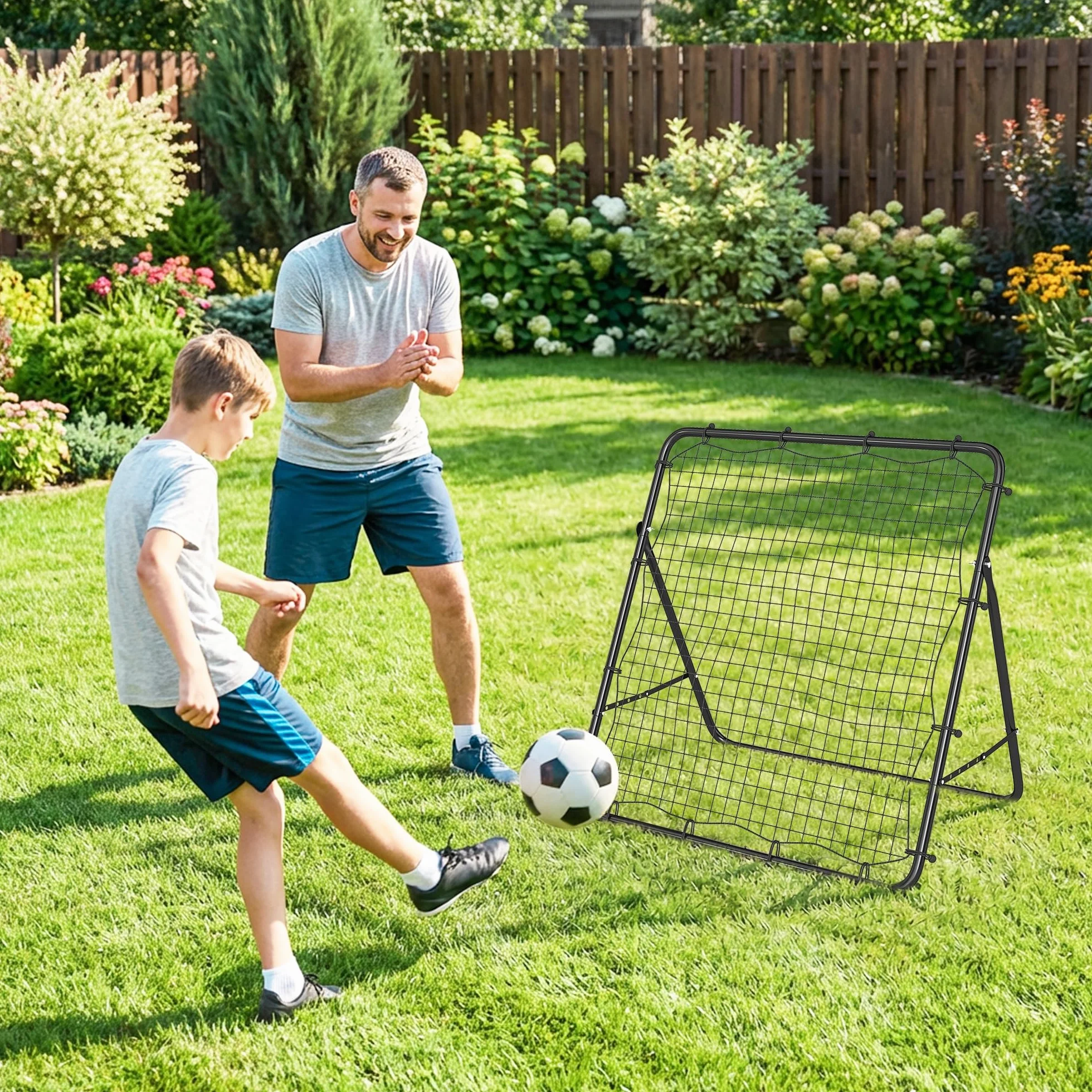 SPORTNOW Rete di Rimbalzo per Calcio Pieghevole, Rete da Calcio Rimbalzante con 5 Angolazione Regolabile in Acciaio, per Allenamento, Nero
