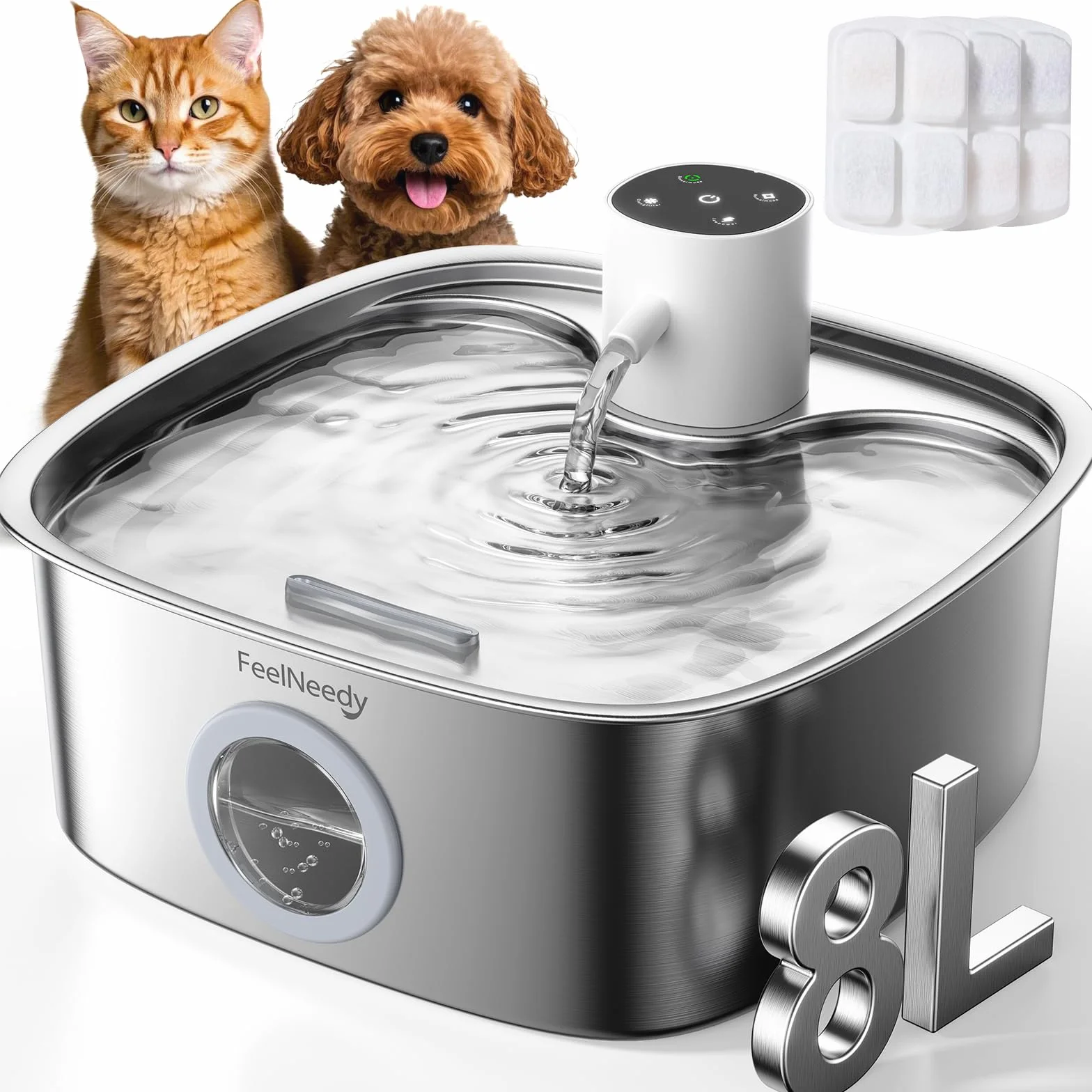 FEELNEEDY 8L Fontanella per Gatti senza Fili, 5000 mAh Batteria Fontanella per Cani Acciaio Inox con 3 Filtri, Fontana per Gatti con Sensore Radar di Movimento, Lavabile in Lavastoviglie
