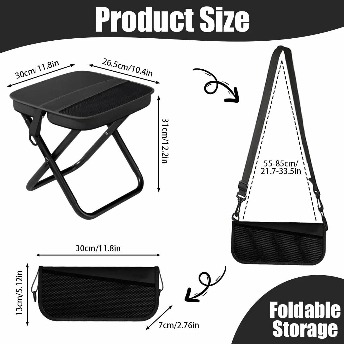 Sedia Pieghevole Portatile da Campeggio con Tracolla e Sacchetto a Rete – Black