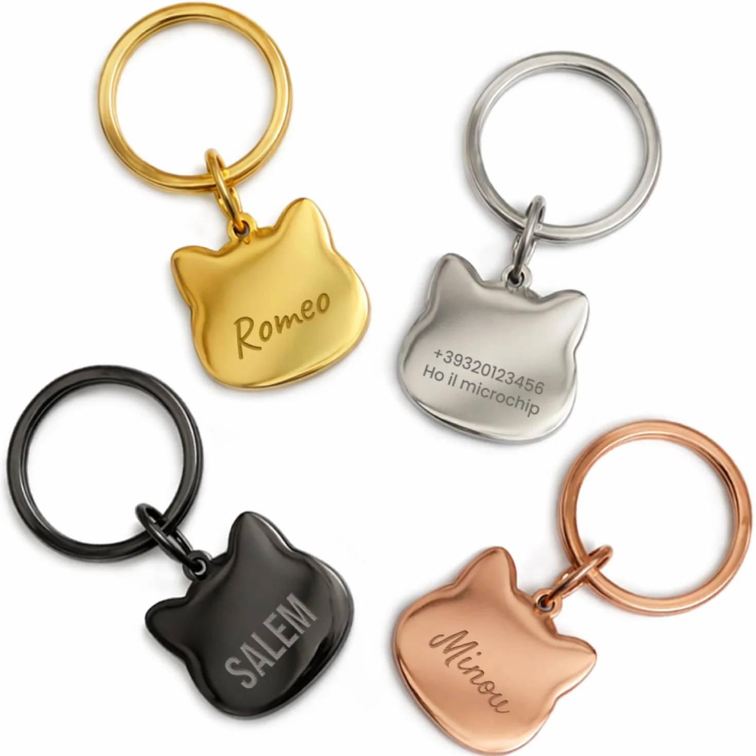 LASERO’ Medaglietta Gatto Personalizzata in Acciaio Lucido 2,5x2,5cm – Targhetta Gatto con Incisione Laser di Nome e Dati – 4 Colori (Rosa/Argento/Nero/Oro) – Targhetta Identificativa per Collare