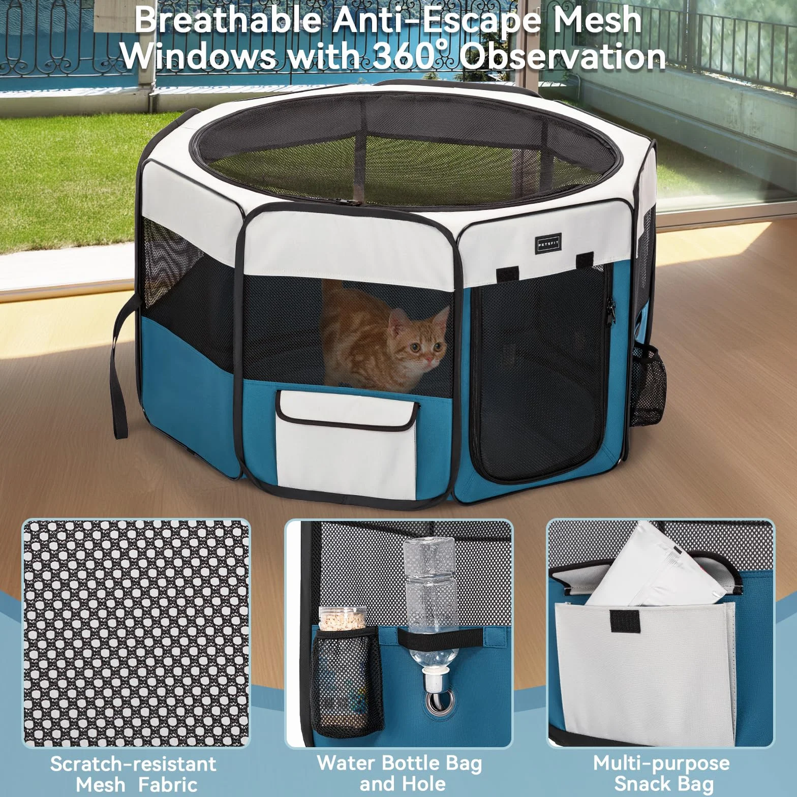 PETSFIT Recinto per Gatti Pieghevole e Portatile, Pavimento impermeabile in Tessuto, Grigio e Blu, 75x68x42CM