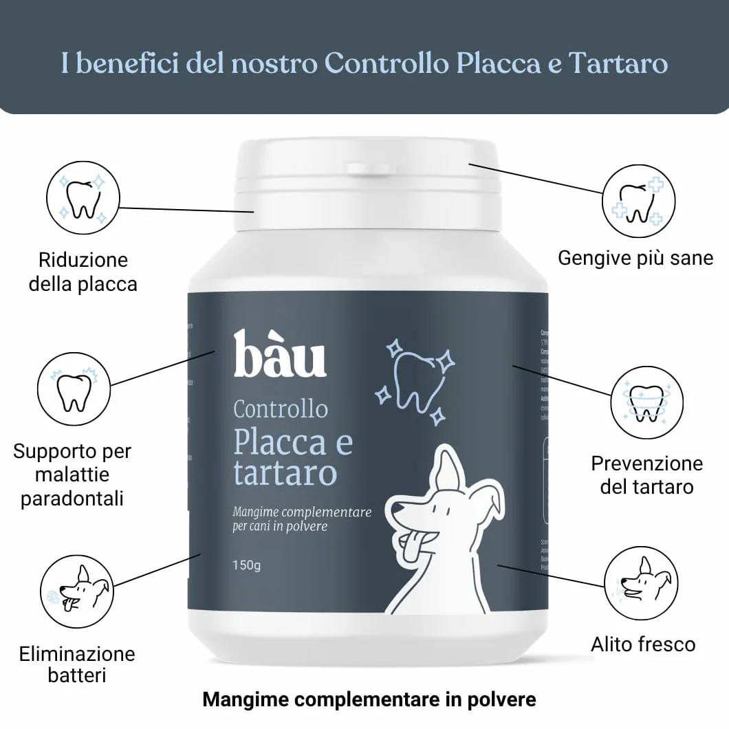 Bau Controllo Placca e Tartaro Cane in Polvere con Alga Ascophyllum Nodosum, Propoli e Menta, Mangime Complementare per Igiene Orale Senza Spazzolino, Alito Fresco e Gengive Sane del Cane