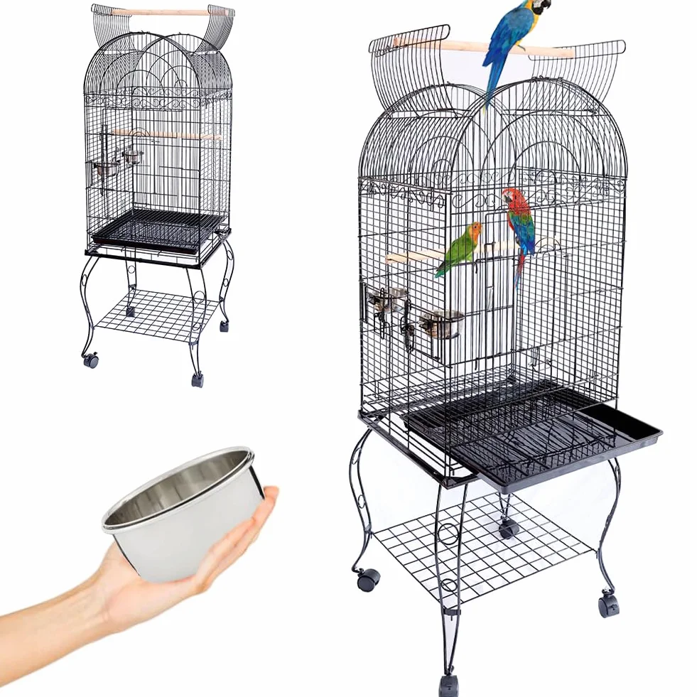 BAKAJI Gabbia Voliera per Uccelli, Pappagalli Inseparabili, Parrocchetti, Volatili con Carrello e Tetto Apribile in Metallo e Legno Nero Gabbietta con Posatoi e Ruote con Blocco, 59 x 59 x 150 cm