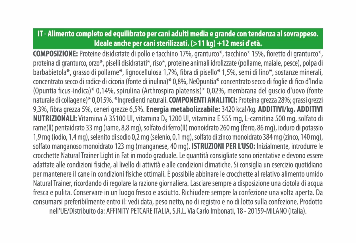 Natural Trainer Ideal Weight Medium&Maxi Cibo per Cani Adulti Light in fat con Tacchino 12kg