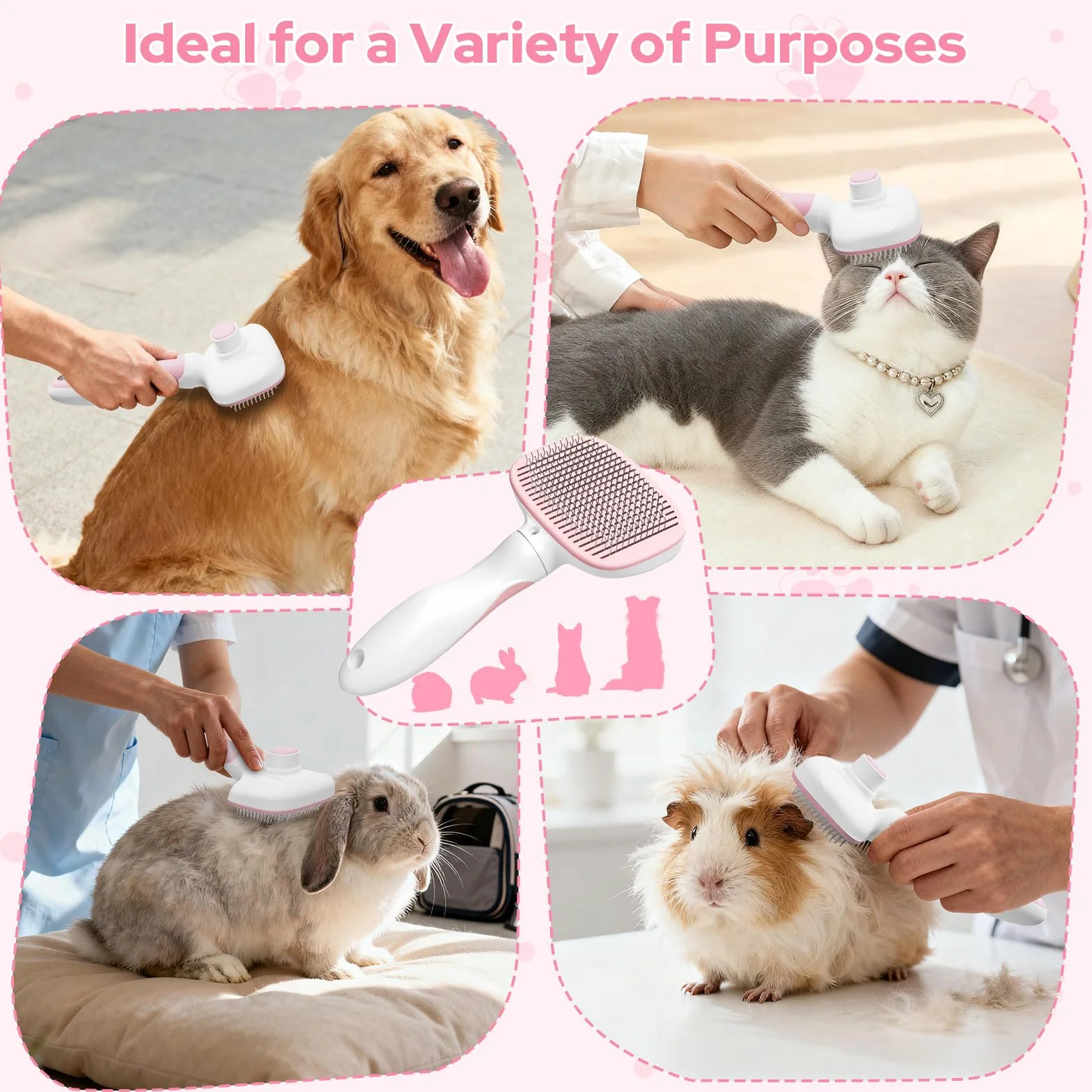 Zivacate Spazzola per Gatti, Autopulente per Animali Domestici, Nettoyage en Un Clic, Spazzola Cani, Manico Antiscivolo, Adatto a Cani e Gatti a Pelo Lungo, Medio e Corto - Rosa-Bianco