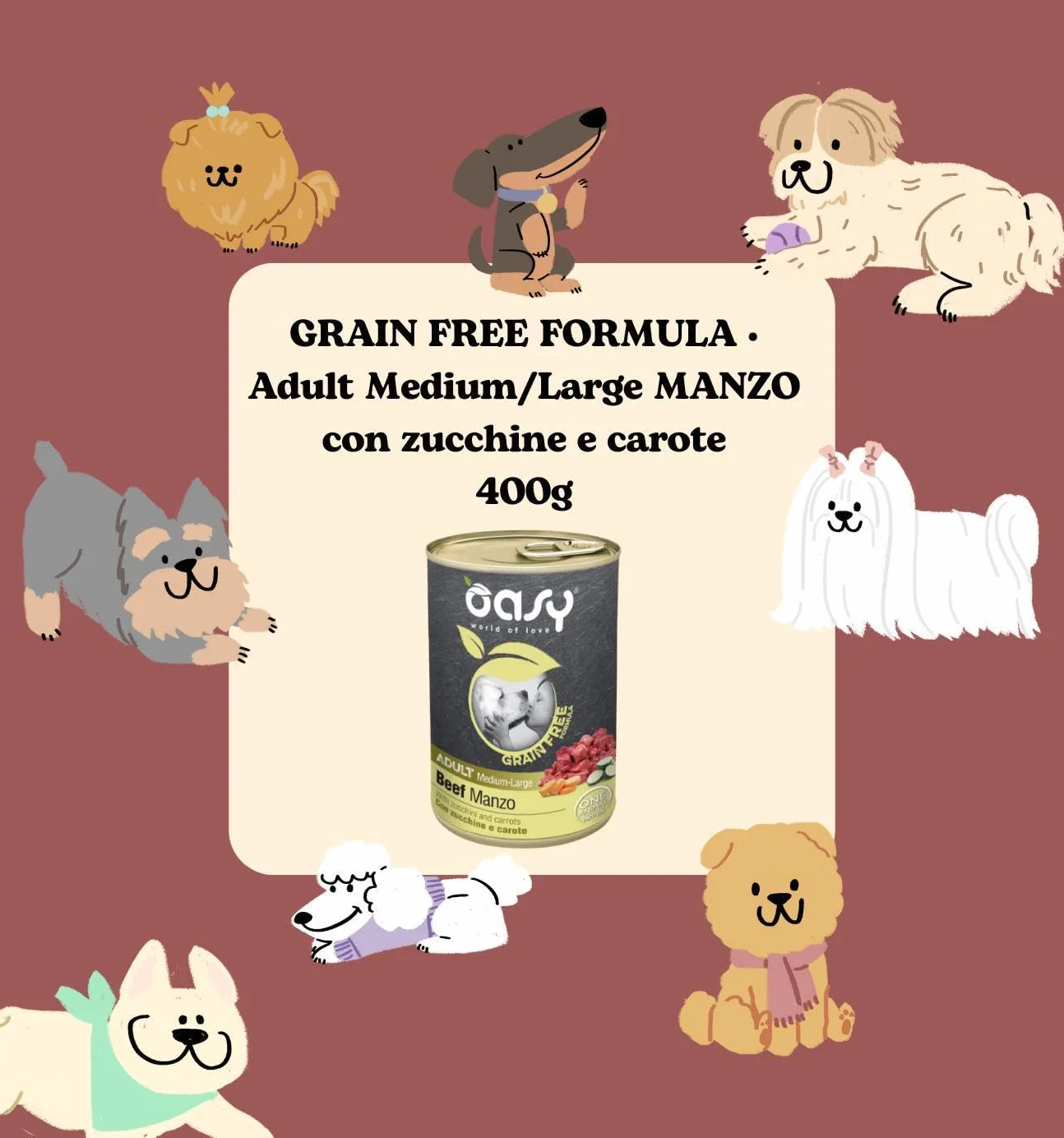 Oasy umido cane adulto grainfree, alimento completo per cani adulti di taglia media e grande (medium) gusto MANZO | 6 scatolette da 400 grammi l’una.