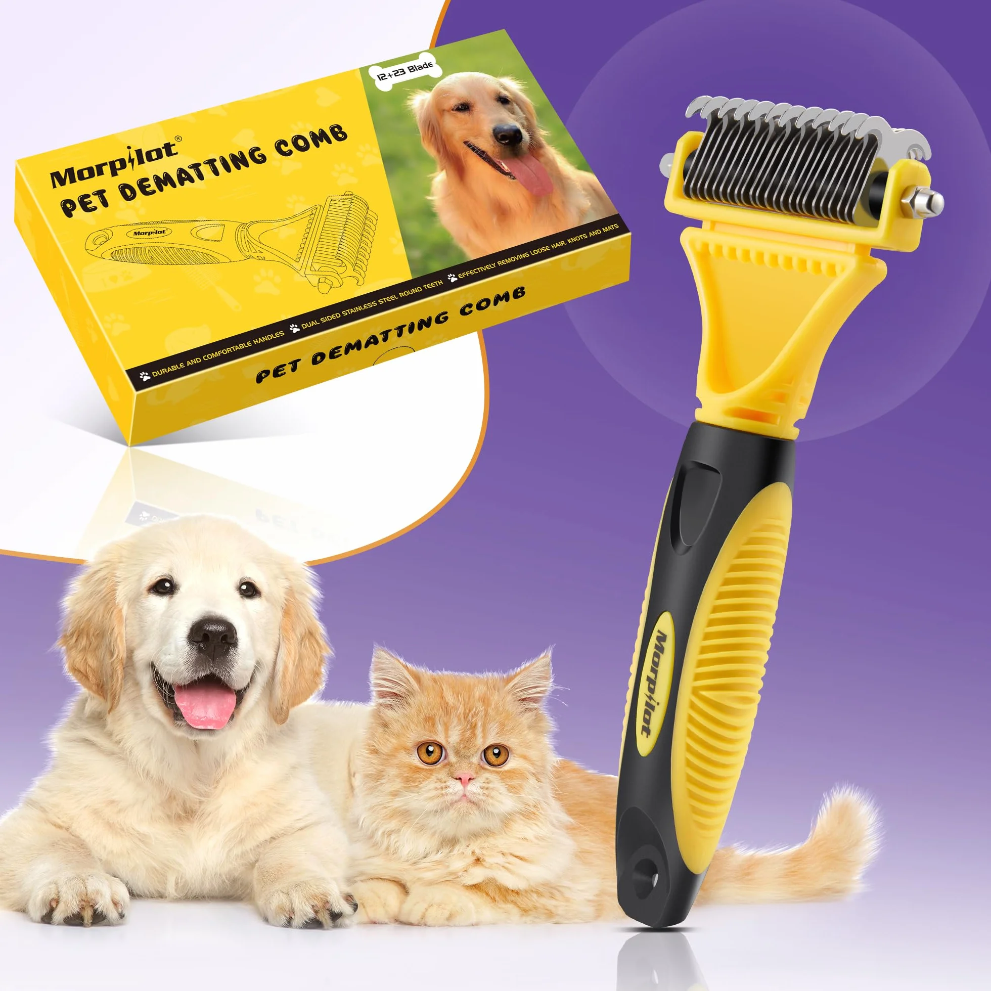 Morpilot Spazzola per Cani Gatti Pelo Lungo, Pettine Professionale Spazzola Sottopelo Cardatore Rimuovere Peli Superflui Sbrogliare Nodi