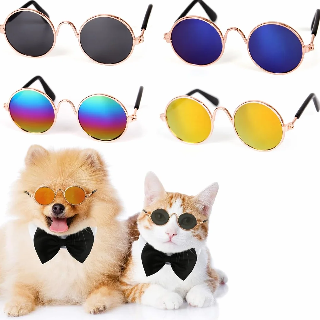 4 pezzi Occhiali da sole per gatti, Occhiali da sole da gatto, Simpatici occhiali da sole per animali, Occhiali da sole rotondi, Protezione dai raggi UV, per feste, cosplay