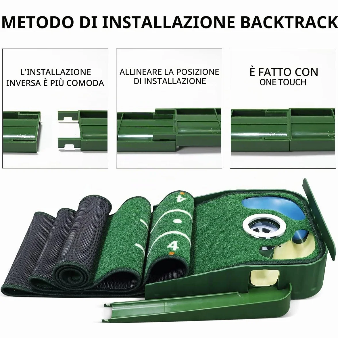 Putting Green, Tappetino da Golf per Interni Con Ritorno della Palla e 3 Fori, Attrezzatura da Allenamento per Casa o Ufficio, Accessori Regalo