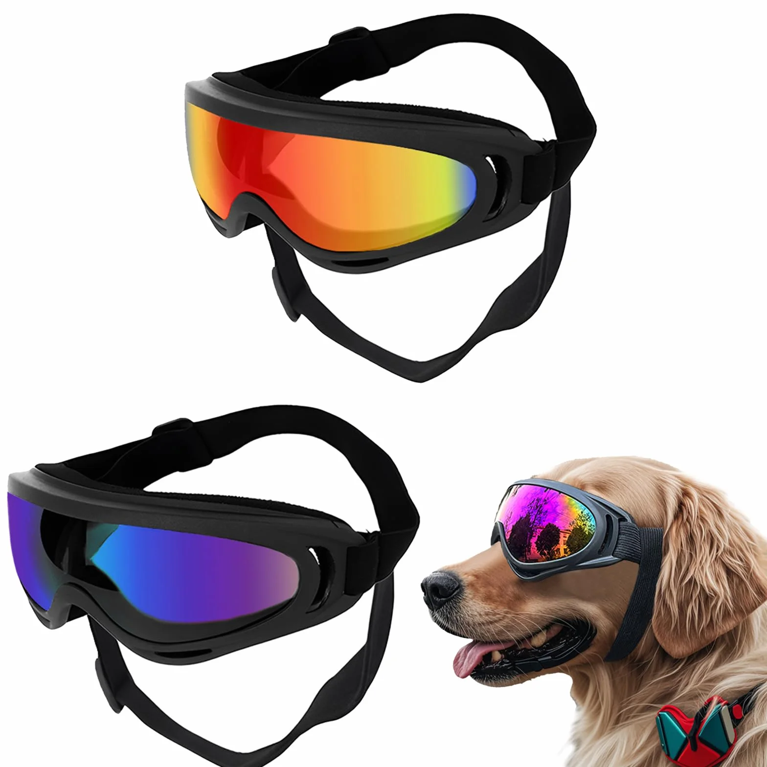 2 Pezzi Occhiali per Cani, Occhiali Cane, Protezione UV Occhiali da Sole Cane, Antivento Occhiali da Sole per Cani di Taglia Media o Grande Attività all'Aperto, Guida, Arrampicata, Colorati