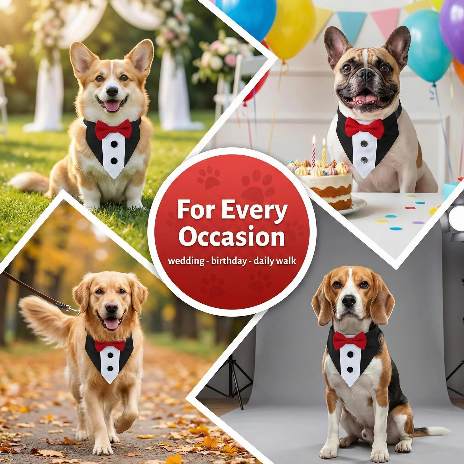 Bandana da Smoking per Cani Collare Matrimonio Formale Triangolare Medio Grande Rosso