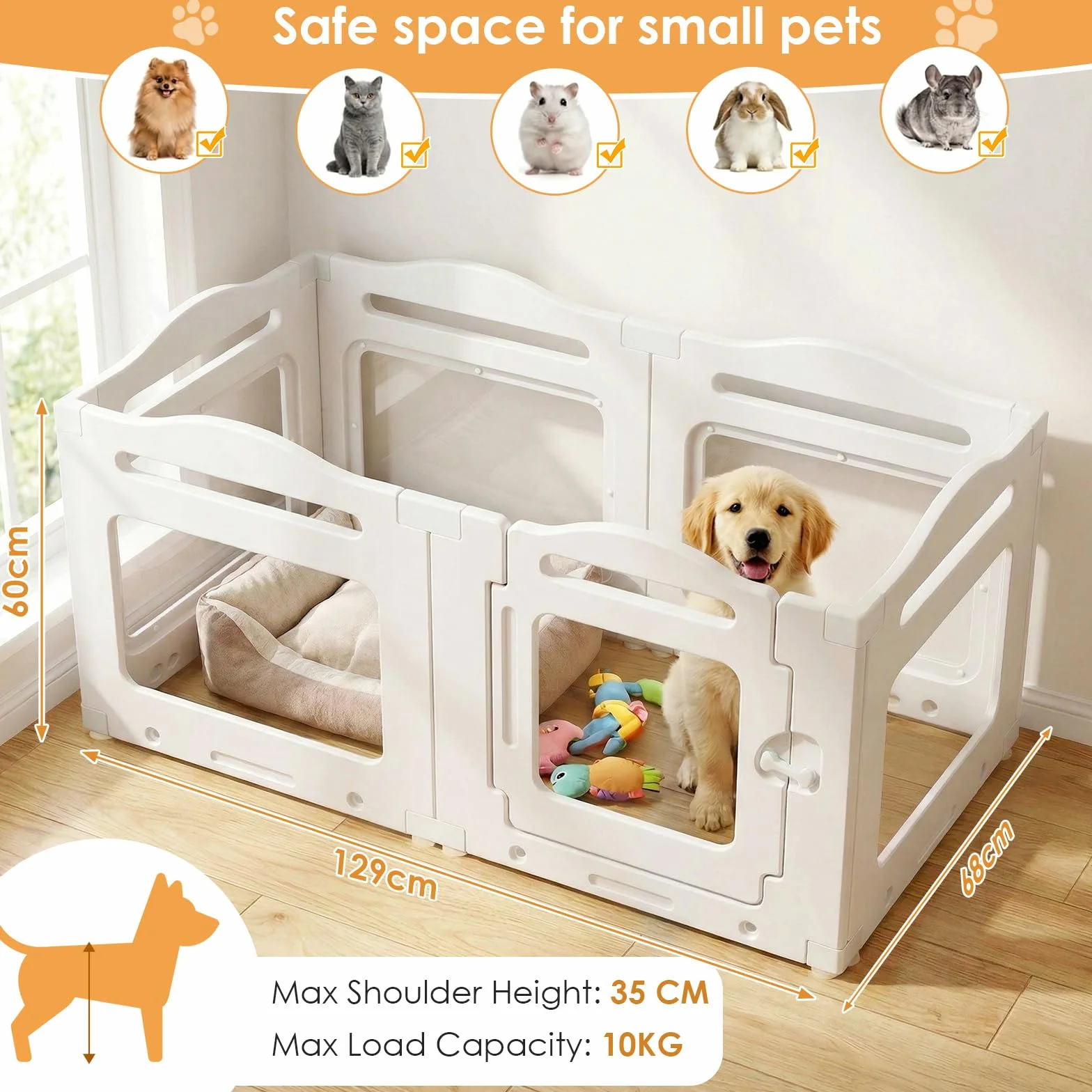 MAMIZO Recinto per Cani Acrilico 129 × 68 × 60 cm, Box per Cuccioli con Ventose, Box per il Parto Cani con Porta a Chiusura, 6PCS Pannelli Parco per Cani adatto Appartamento, Bianco