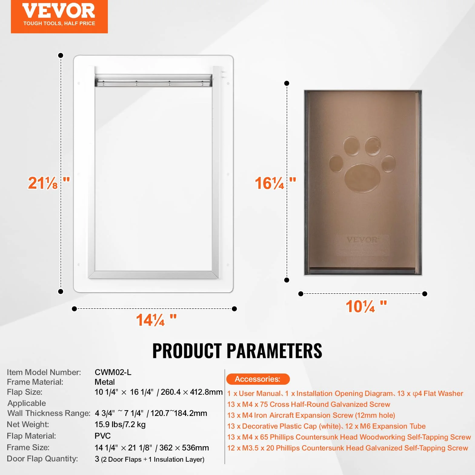 VEVOR Porta per Animali Domestici 362 x 536 mm Telaio in Metallo con Serratura Sistema a 3 Alette Bianco
