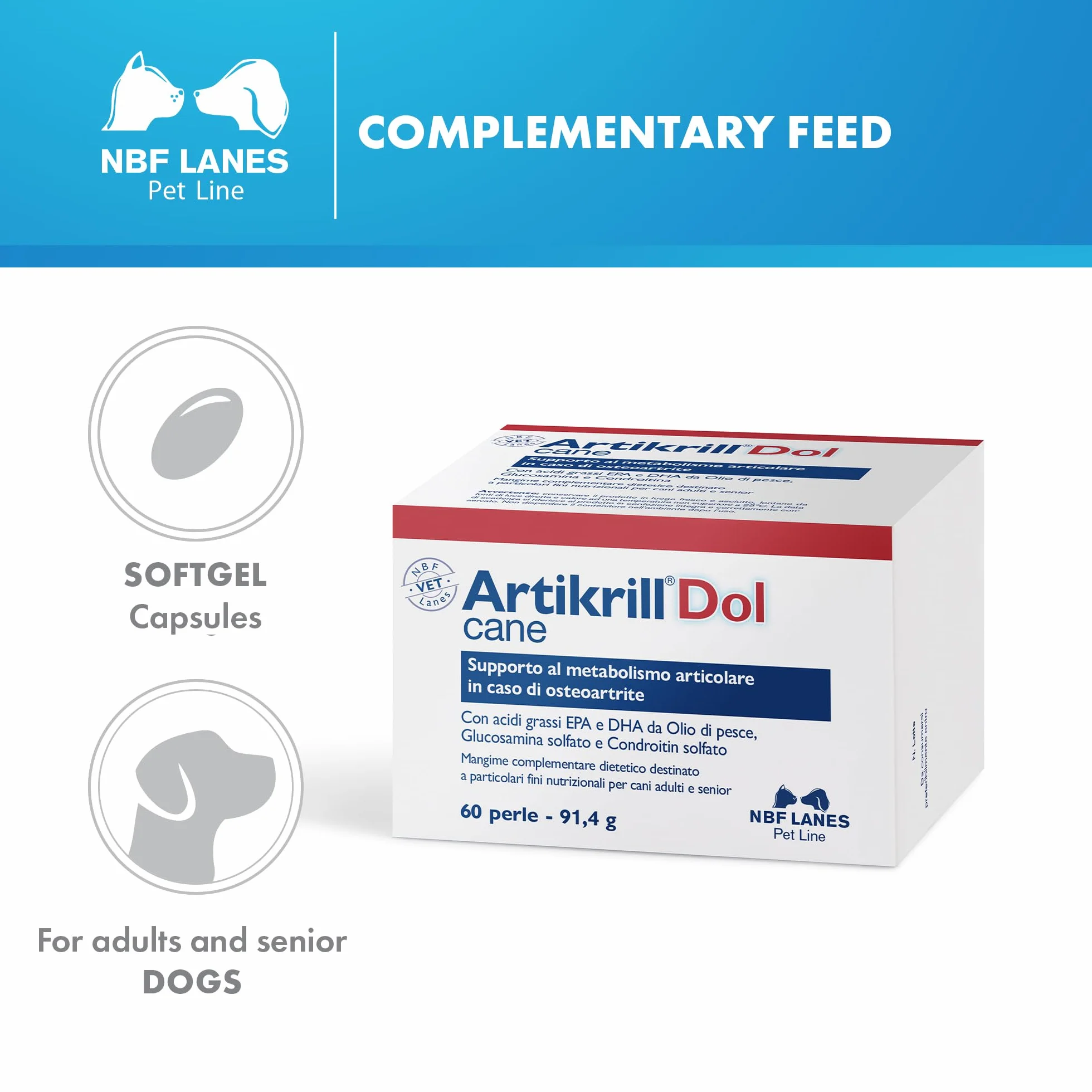 NBF Lanes Artikrill Dol Cane 60 Perle Supporto Metabolismo Articolare Osteoartrite Cane Adulto Senior