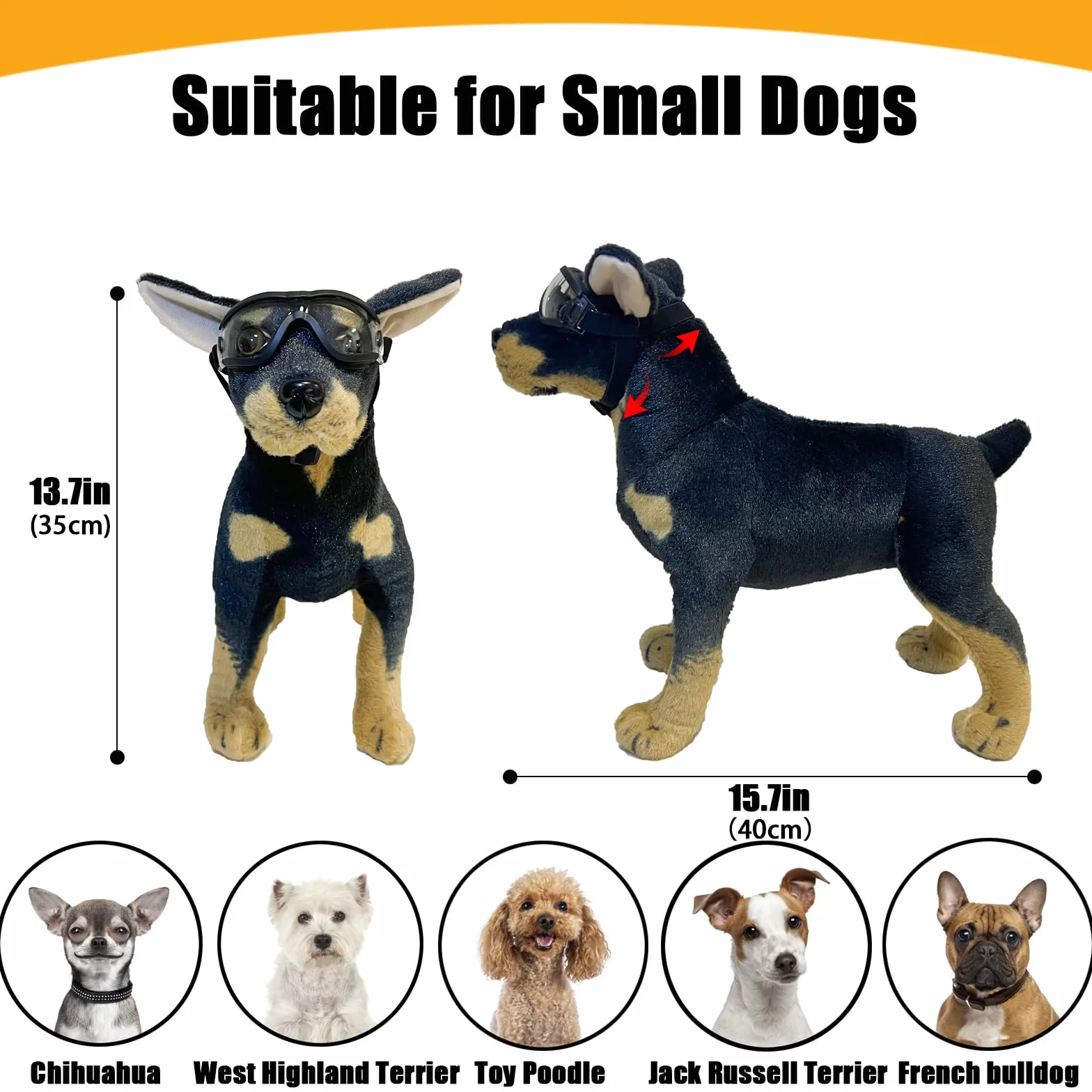 Occhiali da sole per cani di piccola taglia con protezione UV, regolabili, per cagnolini, cuccioli, anti-appannamento, vento, polvere e neve (montatura nera, lenti trasparenti)