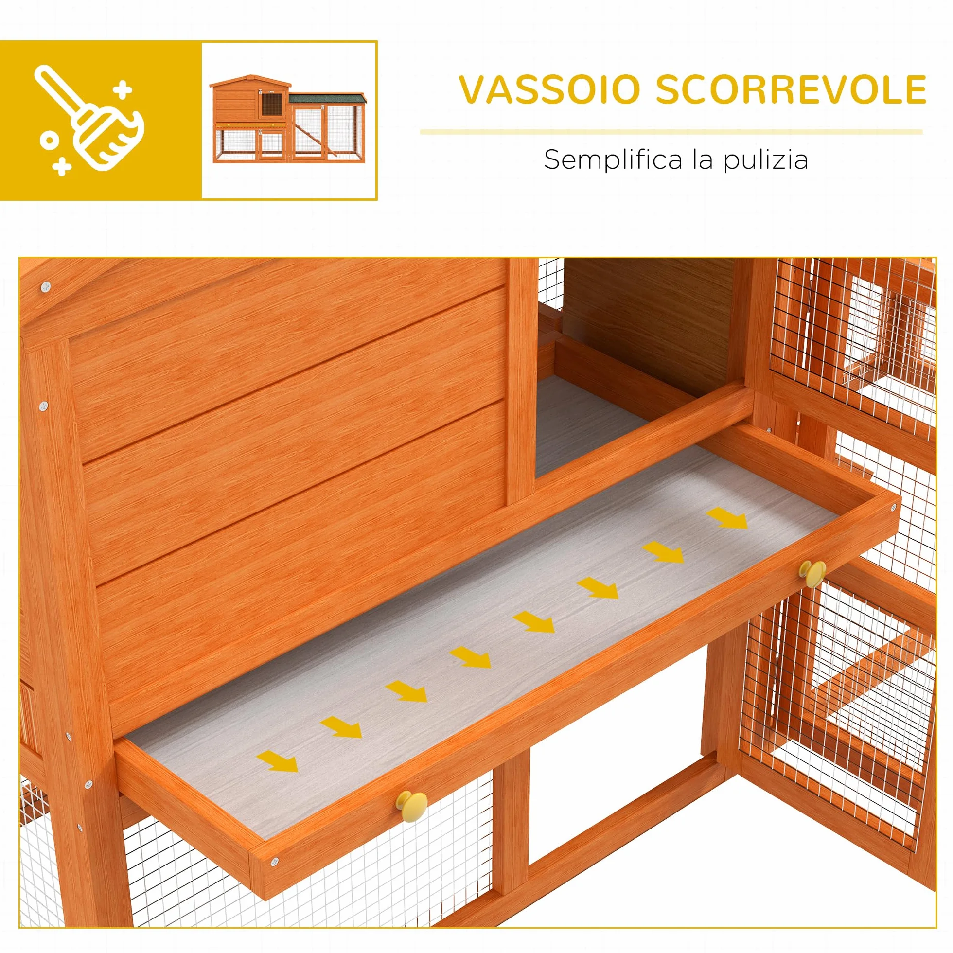 PawHut Conigliera a 2 Piani da Esterno, Gabbia per Animali Domestici in Legno di Abete e Filo di Metallo, 150x45x85 cm, Arancione