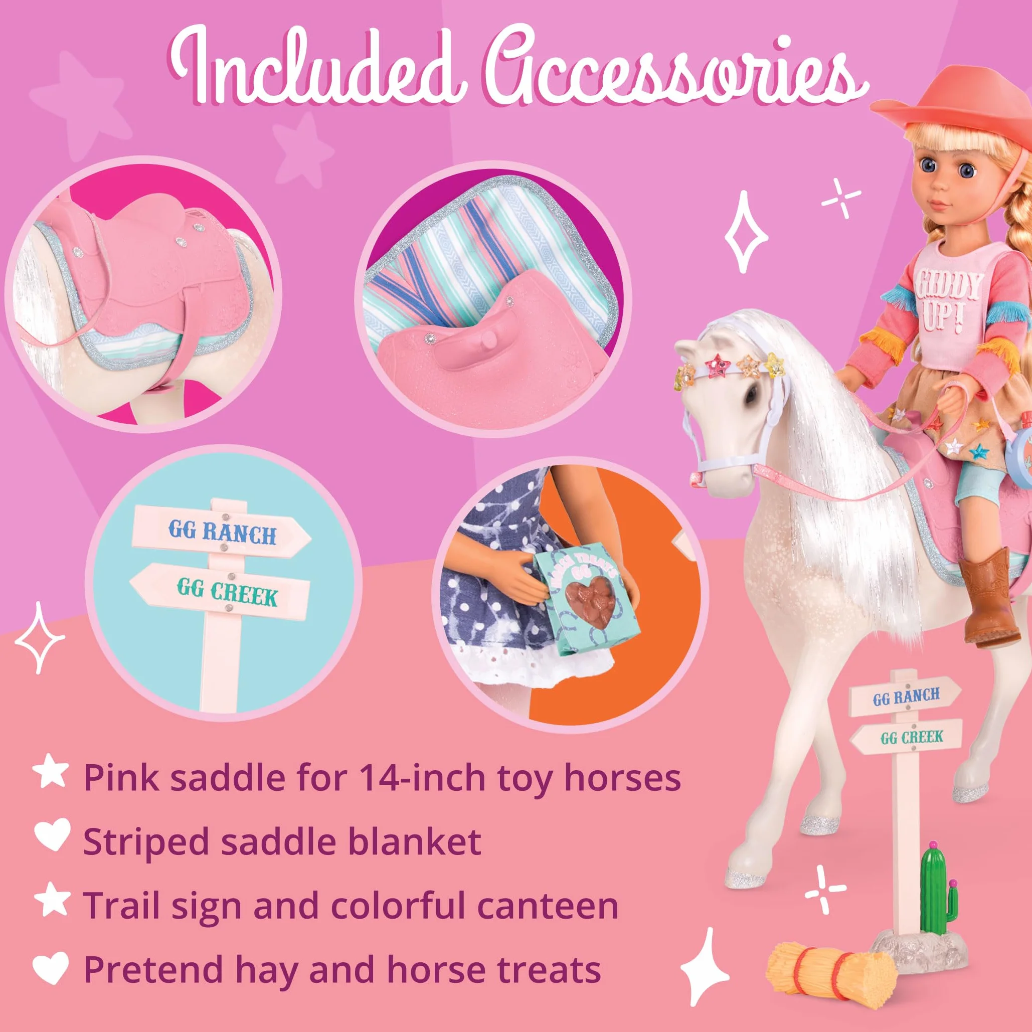 Glitter Girls - Set da equitazione GG Trail - Set di percorsi equestri - Accessori per bambole da 14 pollici - Sella, coperta, mensa - Segni di percorso e bocconcini per cavalli - 3 anni +