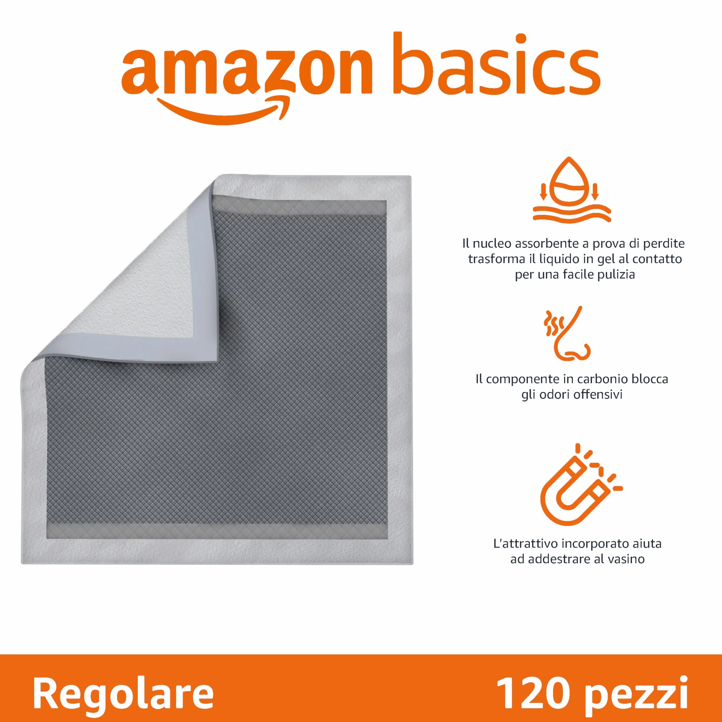 Amazon Basics Tappetini al carbone per cani, controllo odori, asciugatura rapida, 120 pezzi, grigio