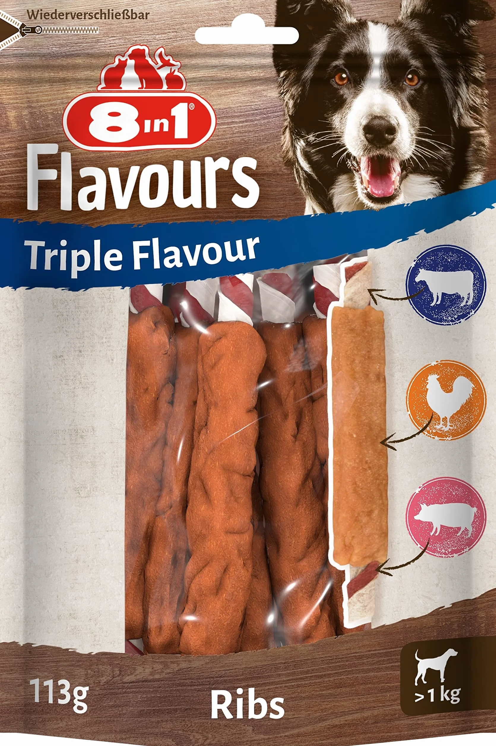8in1 Triple Flavour Ribs Bastoncini da masticare per cani - Snack da masticare con carne extra, confezione da 113 g (ca. 6 pezzi)