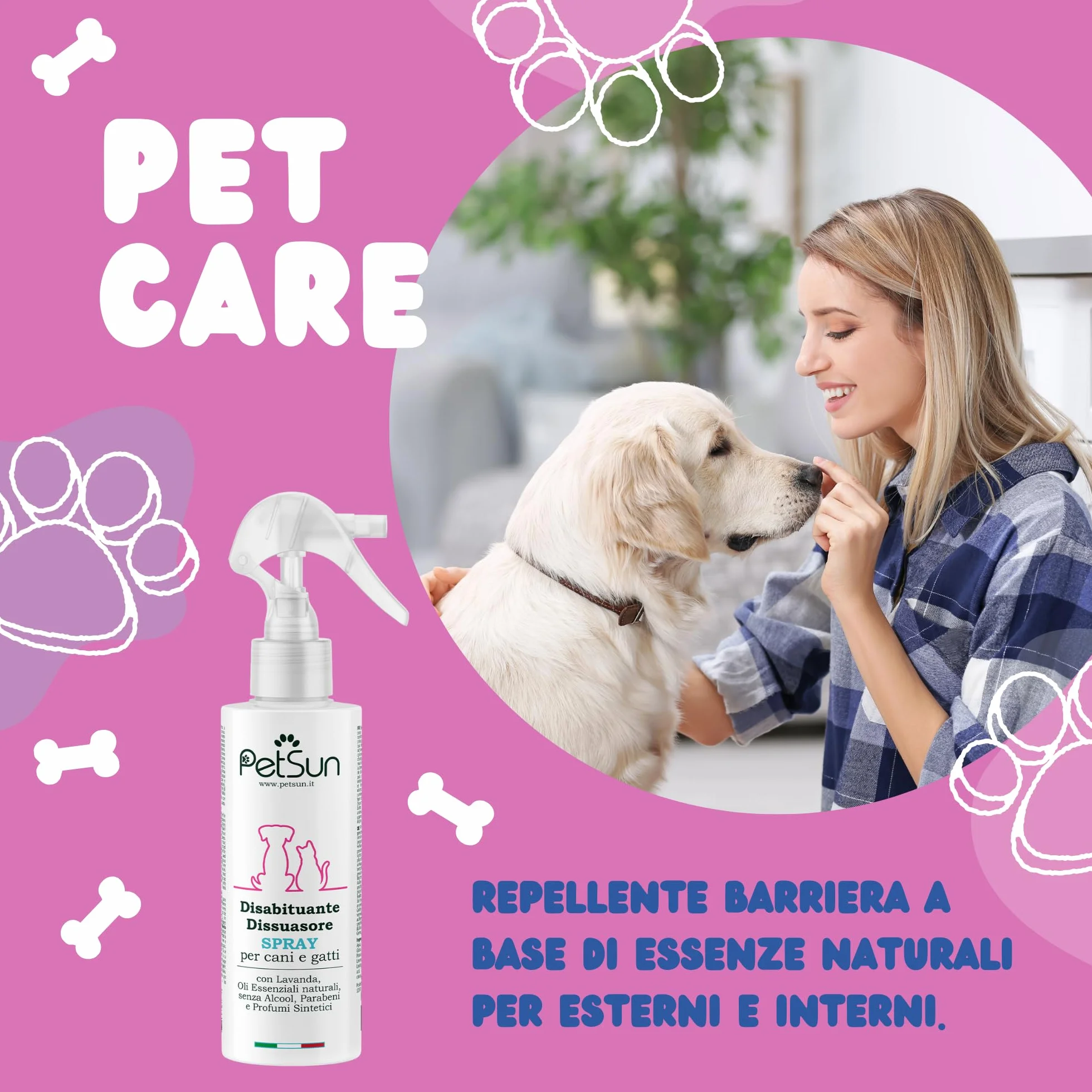 PetSun Disabituante per Cani e Gatti - Repellente - Spray Naturale - Anti Urina e Odori per Interni ed Esterni - 250 ml