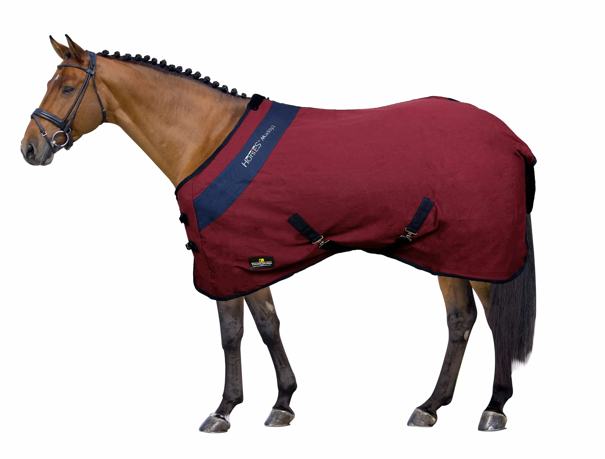 Horses, Coperta da Box per Cavallo in Cotone Modello Maddy 2, Leggera e Traspirante per Primavera e Estate, con Cinghie e Copricoda, BORDEAUX/BLU-135 cm