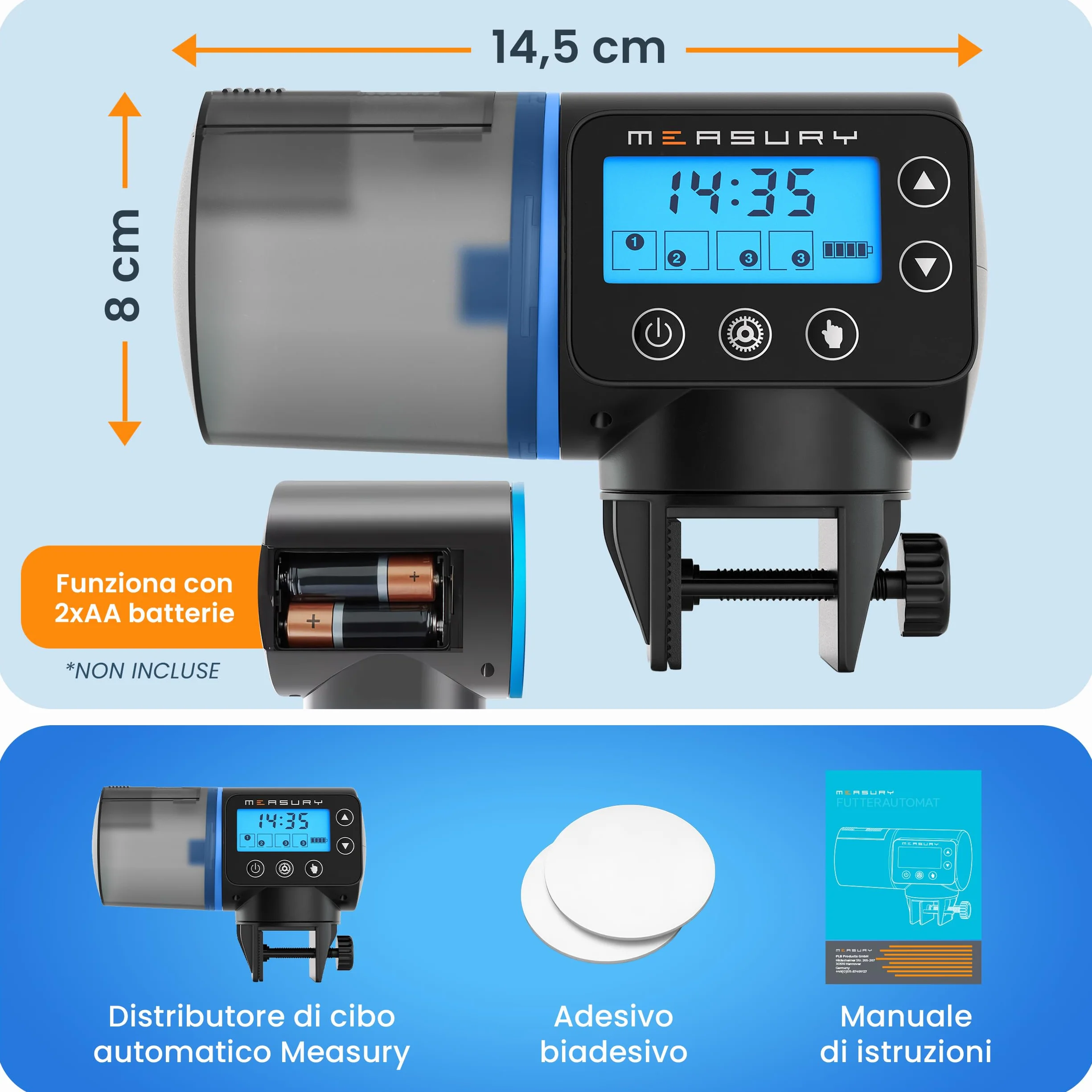 Mangiatoia automatica acquario di Measury, Dispenser mangime pesci automatico - fino a 4 volte al giorno, Distributore automatico cibo pesci
