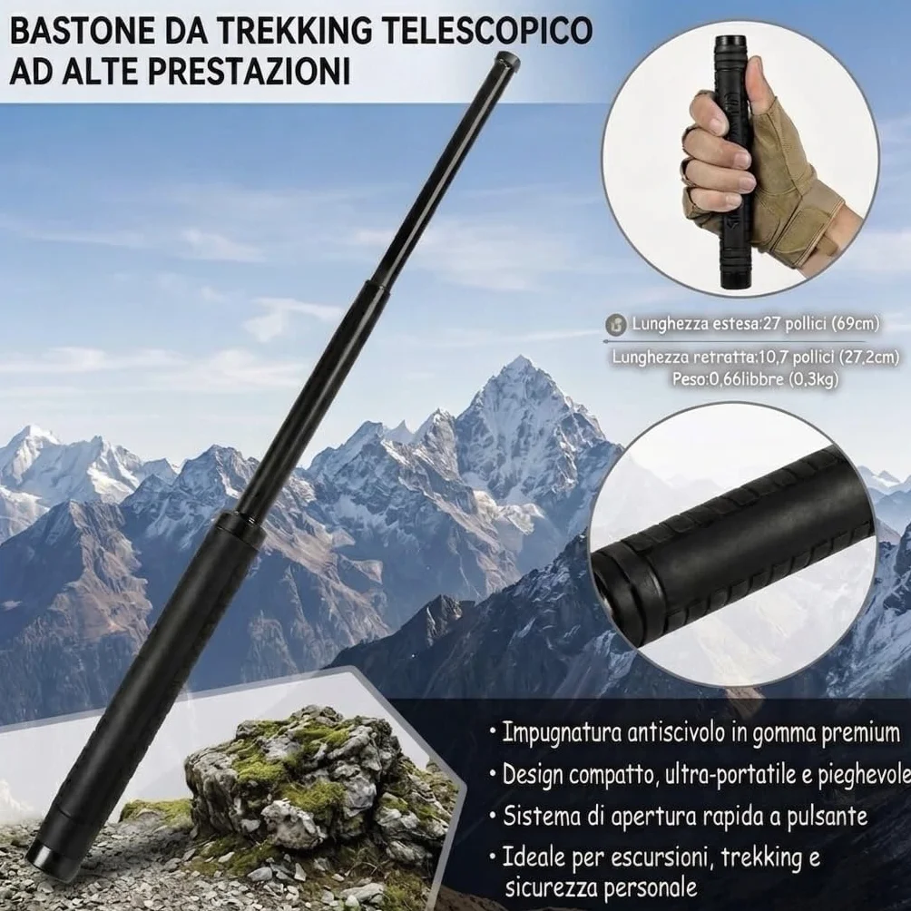 Bastone da Trekking Telescopico Regolabile, Impugnatura Antiscivolo, Punta con Gommino, Leggero