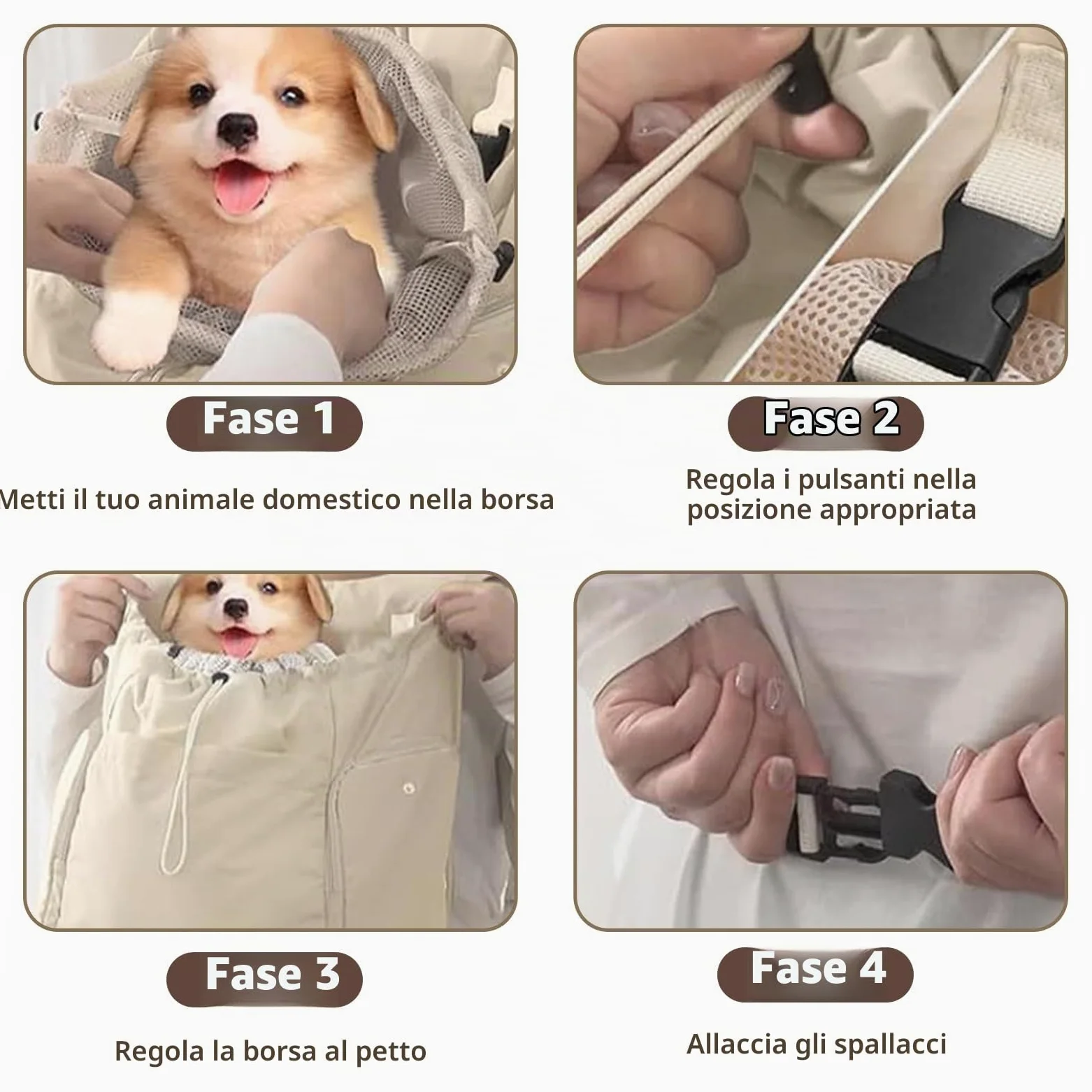Galatée Zaino anteriore per cani, regolabile, per escursionismo, campeggio, viaggi, bianco sporco