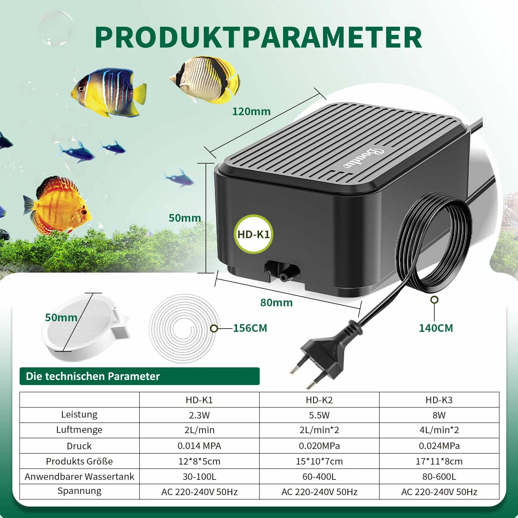 Pompa d'aria per acquari Boadw più silenziosa, pompa di ossigeno regolabile da 2,3 W per acquari fino a 100 litri con tutti gli accessori <30 dB
